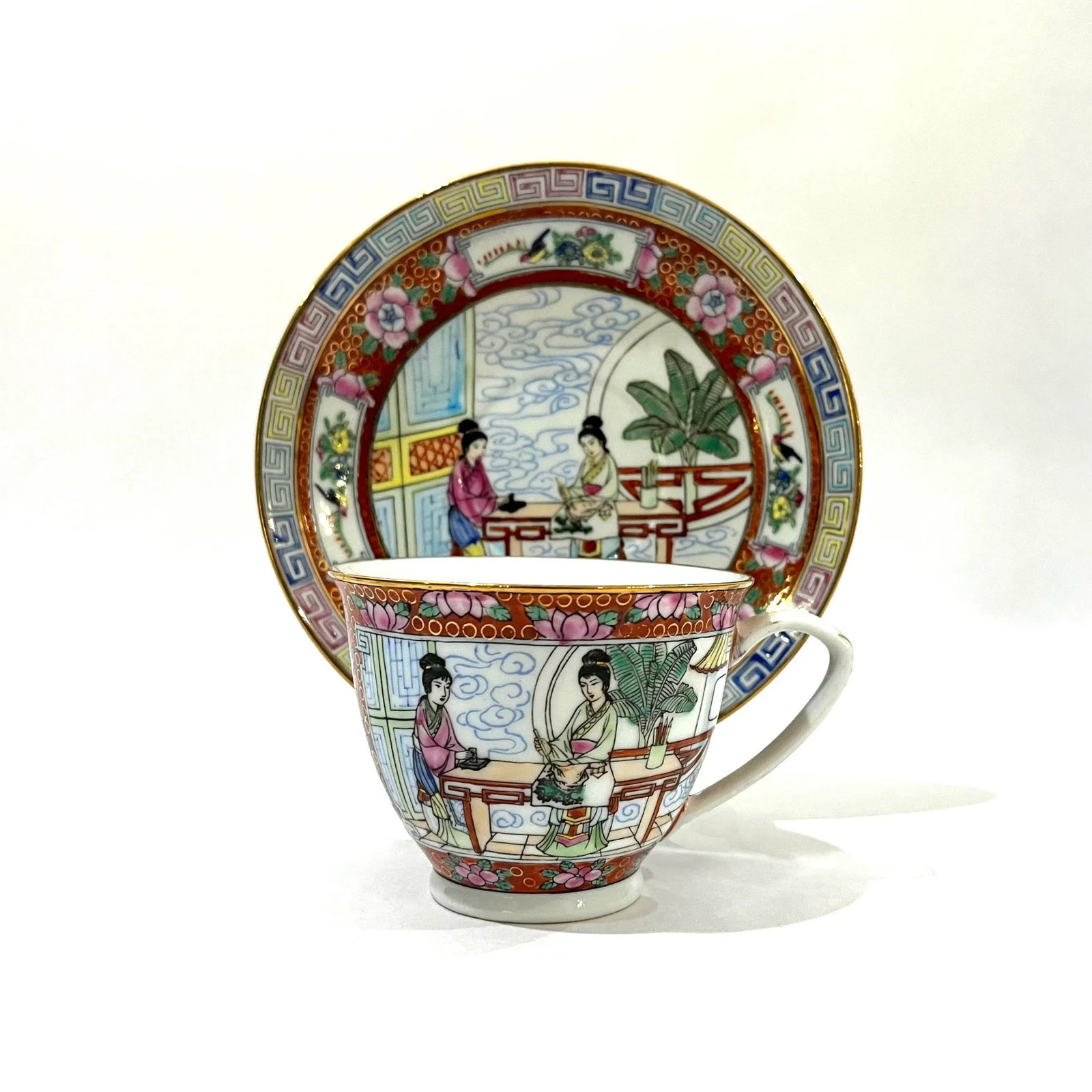 Vintage Famille Rose Mandarin Chinoiserie Porcelain Dinnerware Service for 12 - Set of 82 pcs - 14