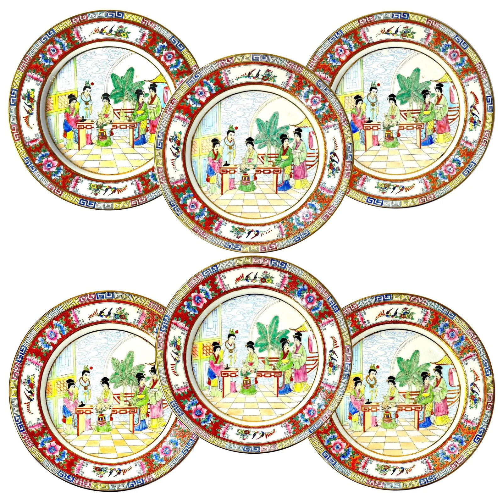 Vintage Famille Rose Mandarin Chinoiserie Porcelain Dinnerware Service for 12 - Set of 82 pcs - 3