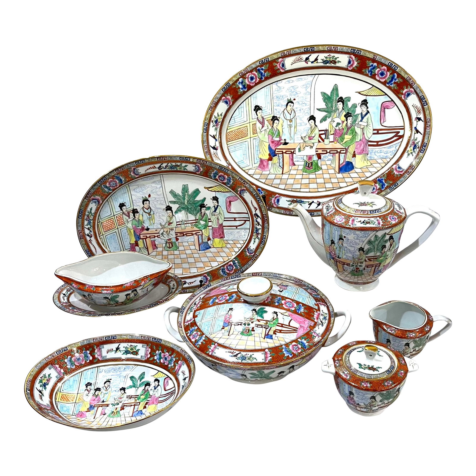 Vintage Famille Rose Mandarin Chinoiserie Porcelain Serving Pieces Set of 8 (1 of 12)