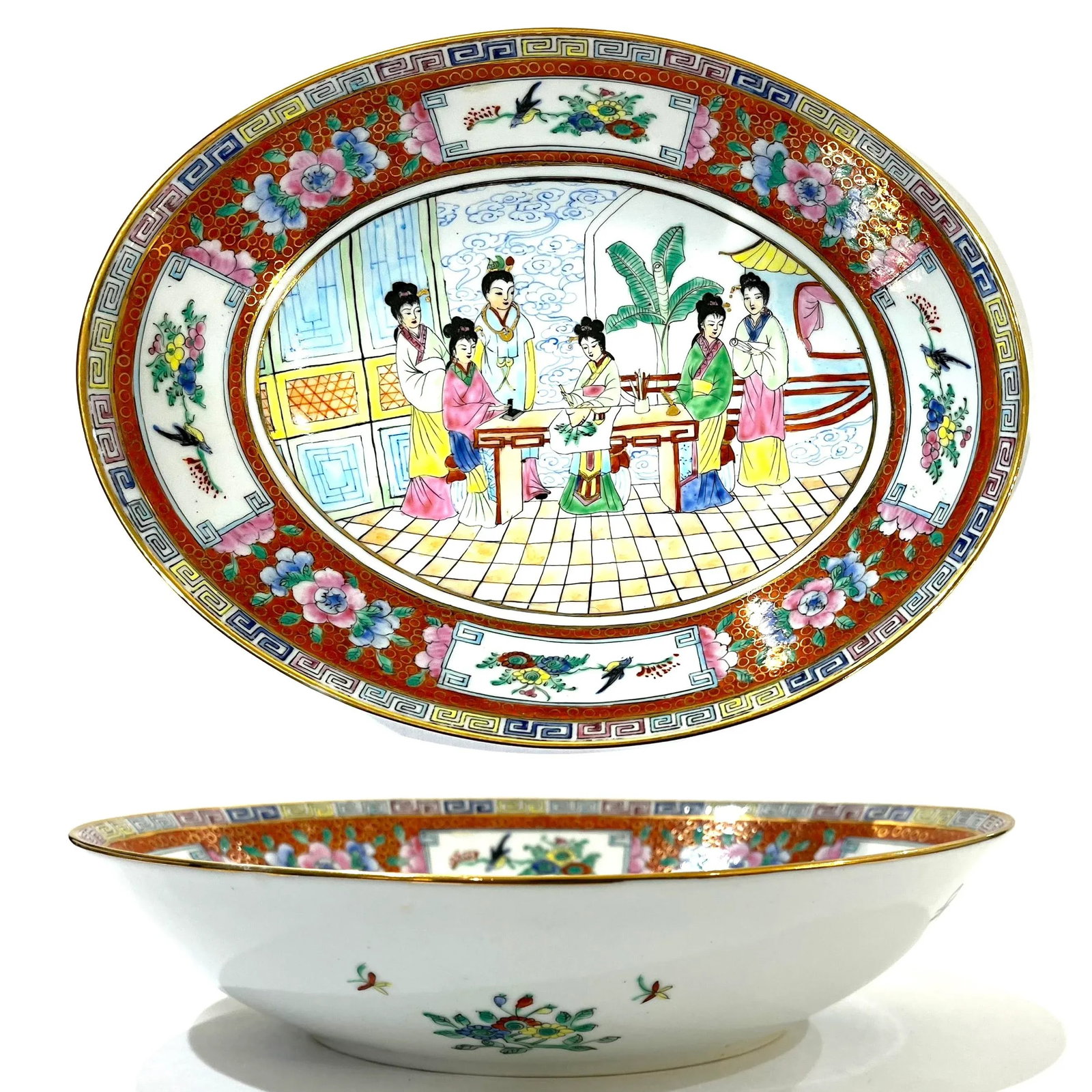 Vintage Famille Rose Mandarin Chinoiserie Porcelain Serving Pieces Set of 8 - 7