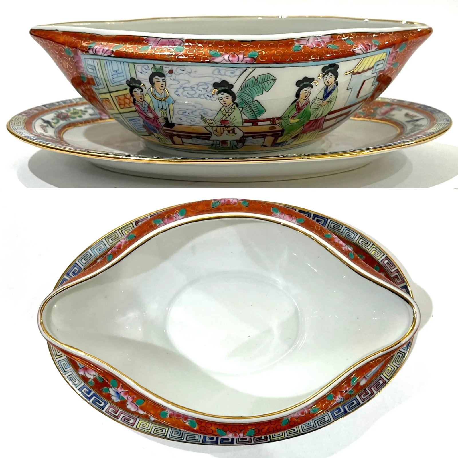 Vintage Famille Rose Mandarin Chinoiserie Porcelain Serving Pieces Set of 8 - 8