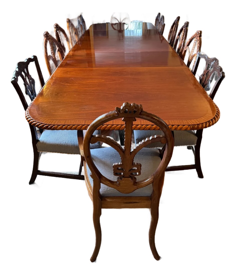 Antique English Mahogany Dining Table & 14 Chairs, Expands to Seat 14 - 2