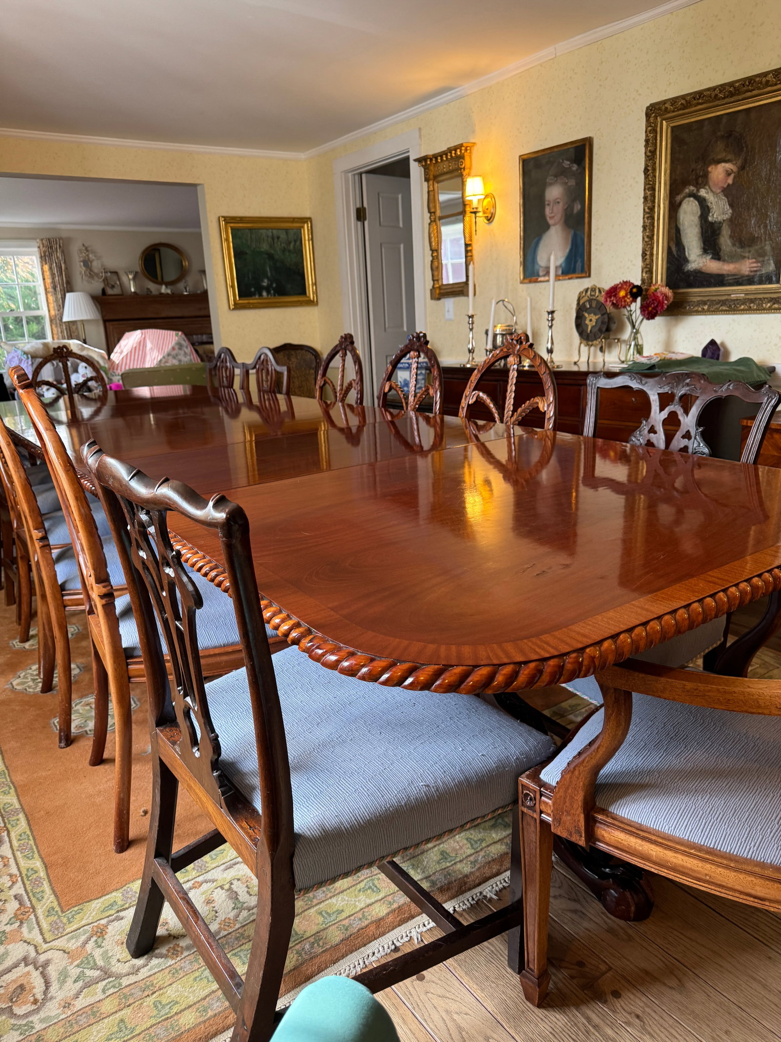 Antique English Mahogany Dining Table & 14 Chairs, Expands to Seat 14 - 3