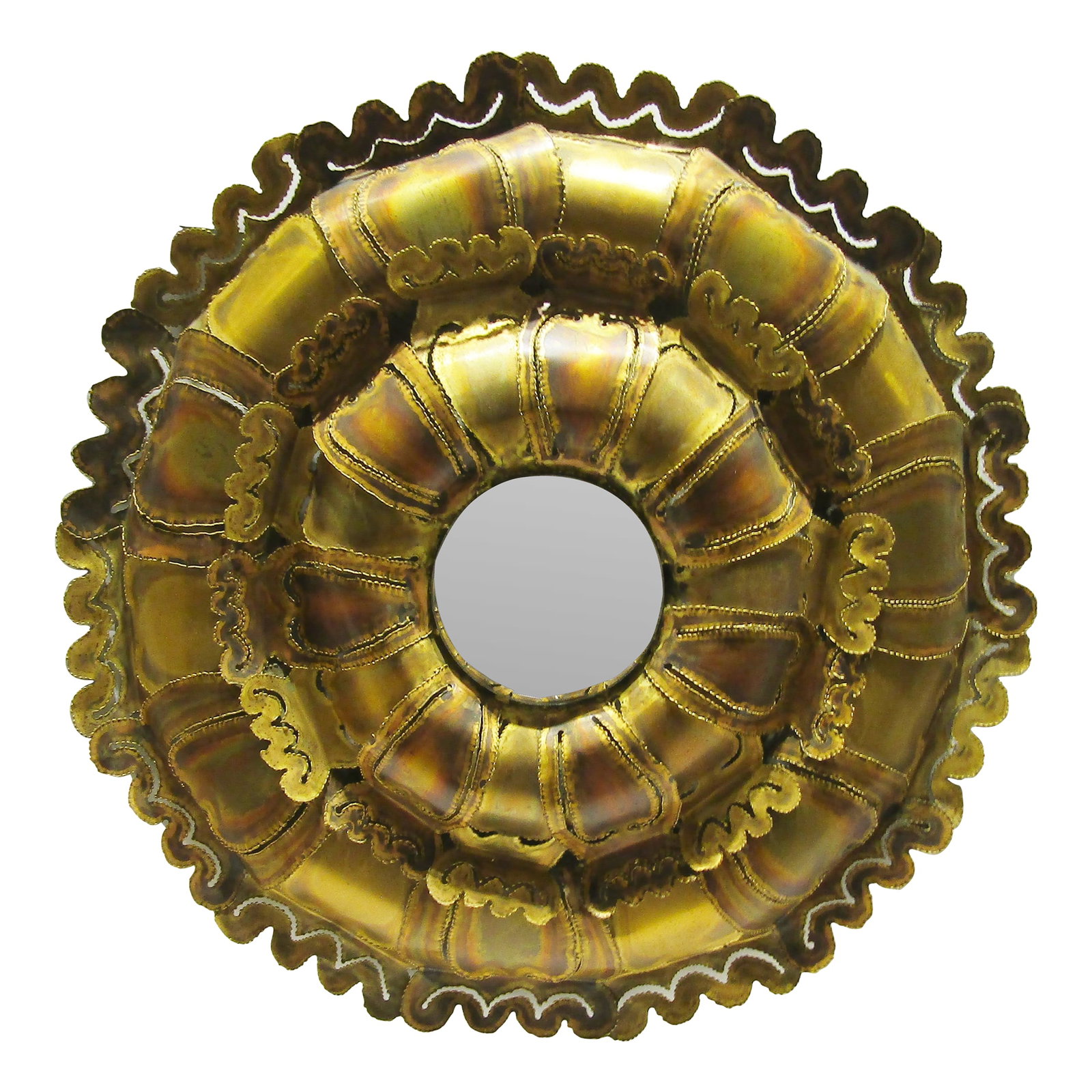 MCM Brutalist Torch Cut Brass Tom Greene Style Convex Round Wall Mirror C 1970s: The MCM Brutalist Torch Cut Brass Tom Greene Style Convex Round Wall Mirror from the 1970s is a stunning piece of antique furniture. This original wall mirror features a gold frame made of brass,