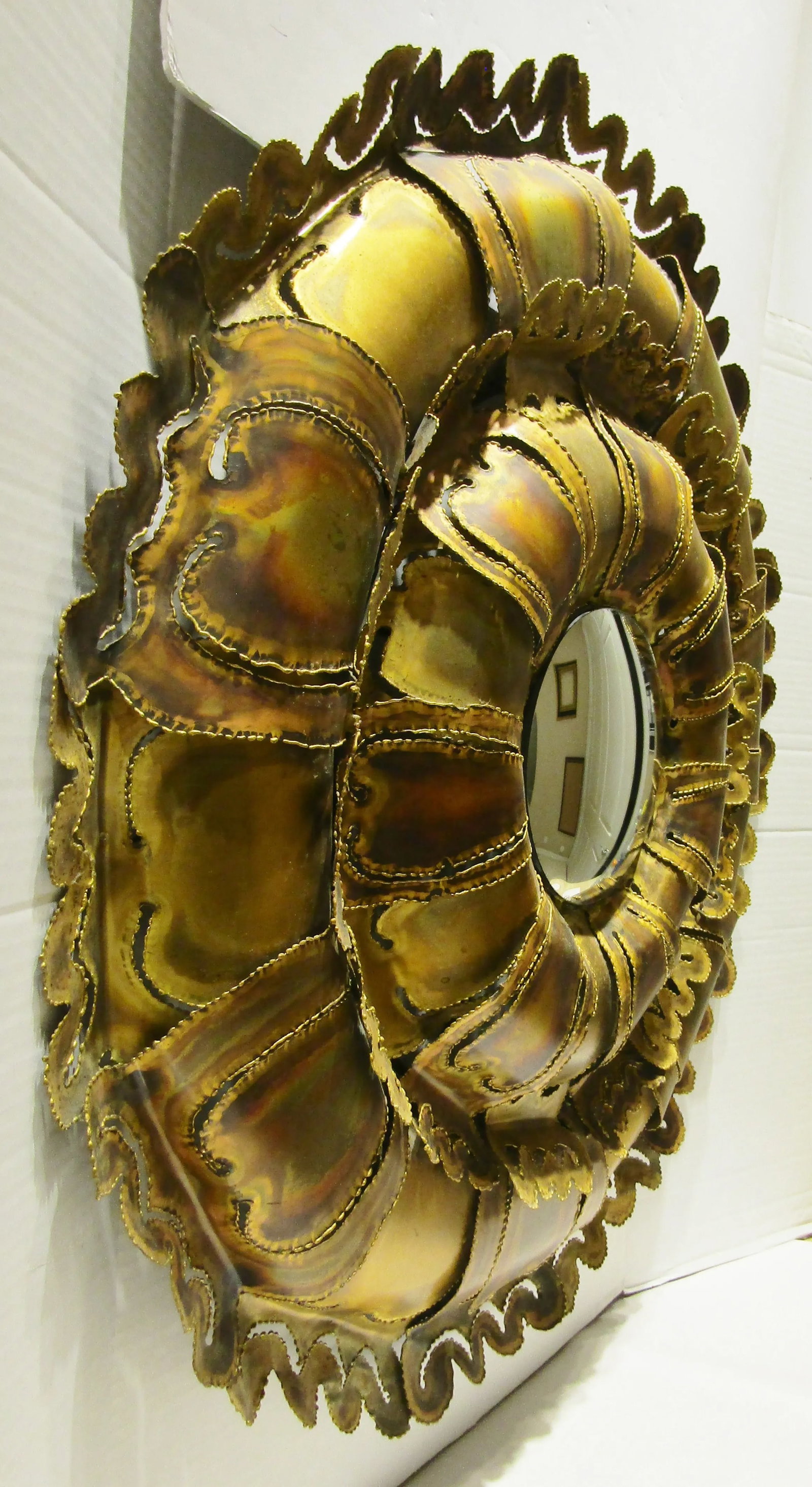 MCM Brutalist Torch Cut Brass Tom Greene Style Convex Round Wall Mirror C 1970s - 4