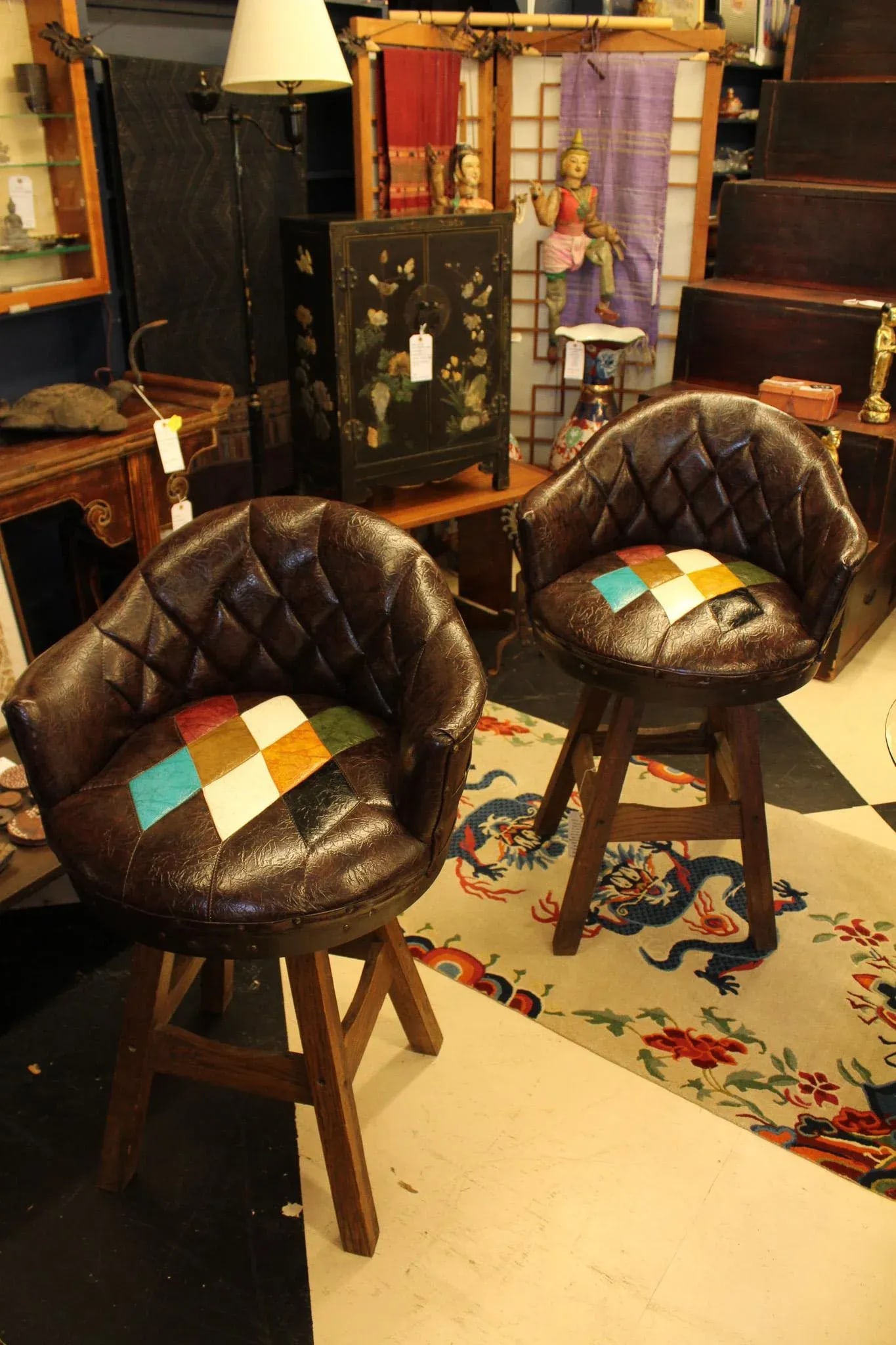 Rare Pair of 1960s-70s Brothers Furniture Brown Swivel Whiskey Barrel Bar Chairs With Multicolor Har - 11