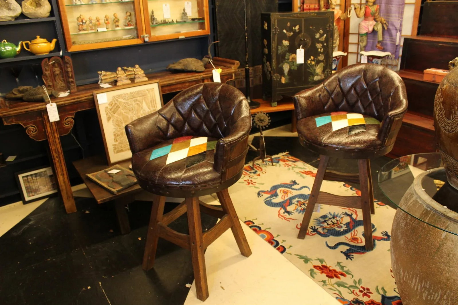 Rare Pair of 1960s-70s Brothers Furniture Brown Swivel Whiskey Barrel Bar Chairs With Multicolor Har - 12