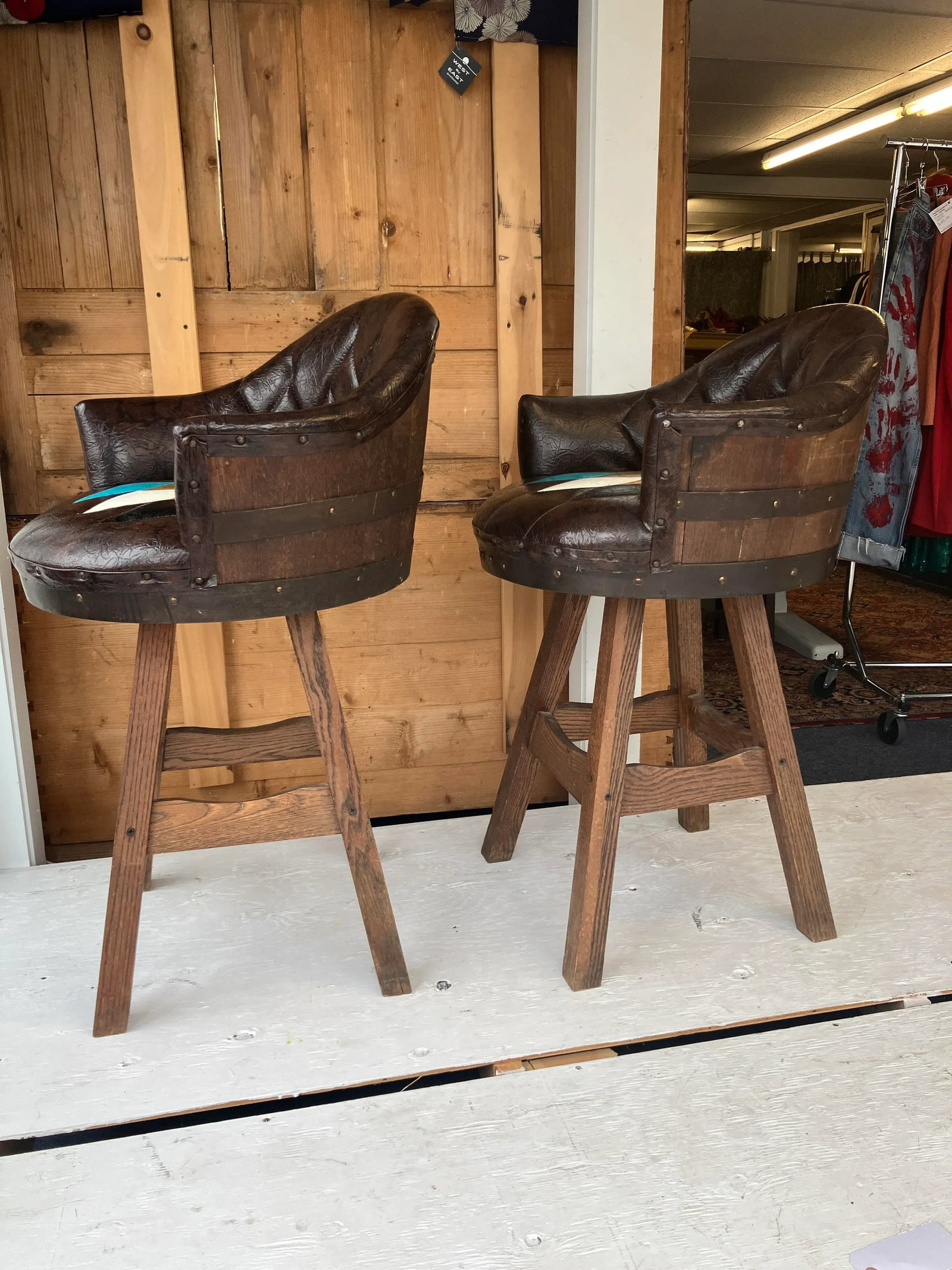 Rare Pair of 1960s-70s Brothers Furniture Brown Swivel Whiskey Barrel Bar Chairs With Multicolor Har - 2