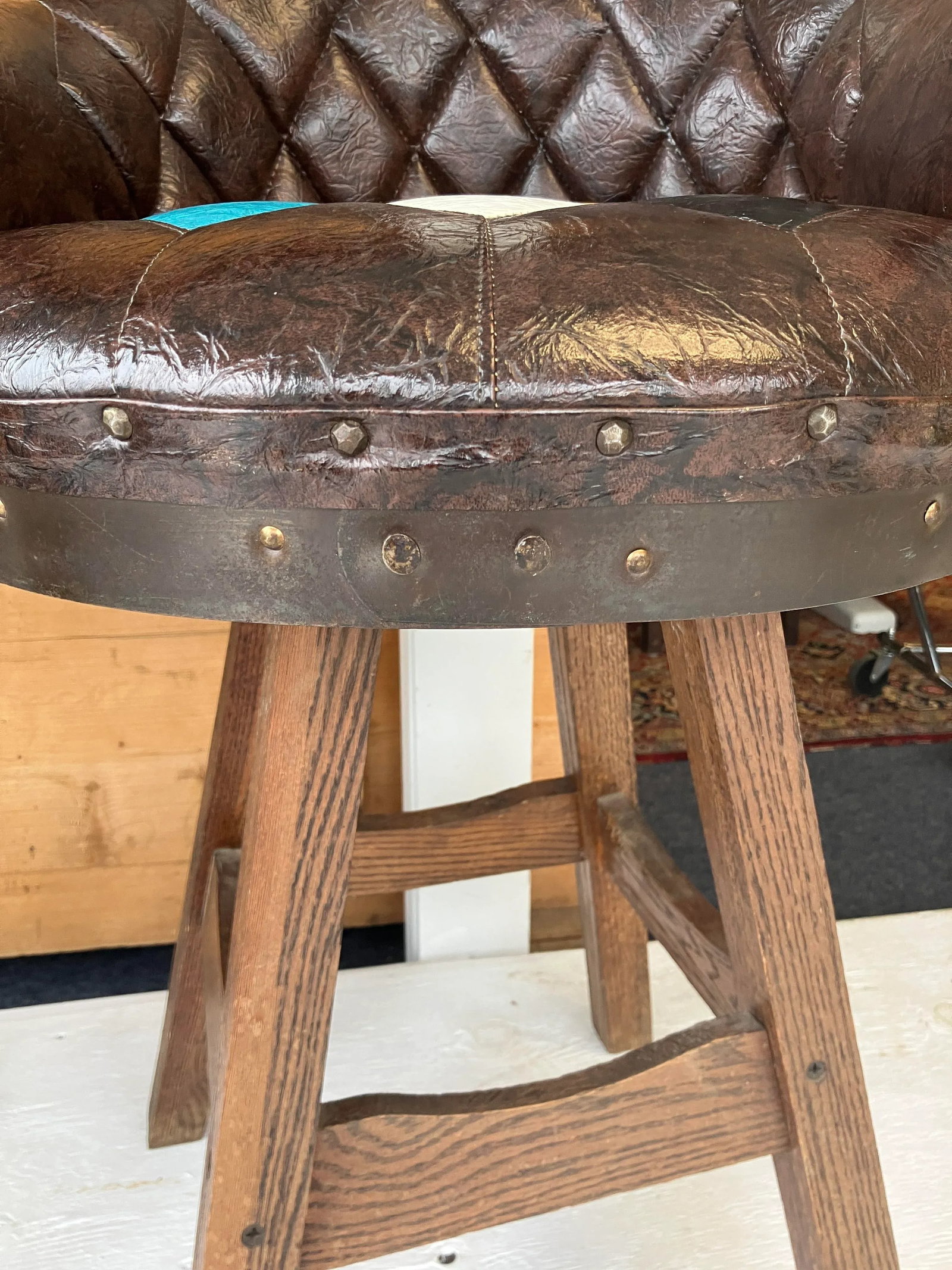 Rare Pair of 1960s-70s Brothers Furniture Brown Swivel Whiskey Barrel Bar Chairs With Multicolor Har - 5
