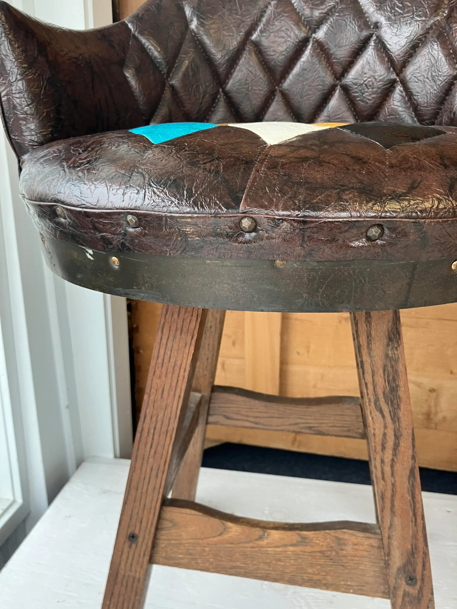 Rare Pair of 1960s-70s Brothers Furniture Brown Swivel Whiskey Barrel Bar Chairs With Multicolor Har - 6