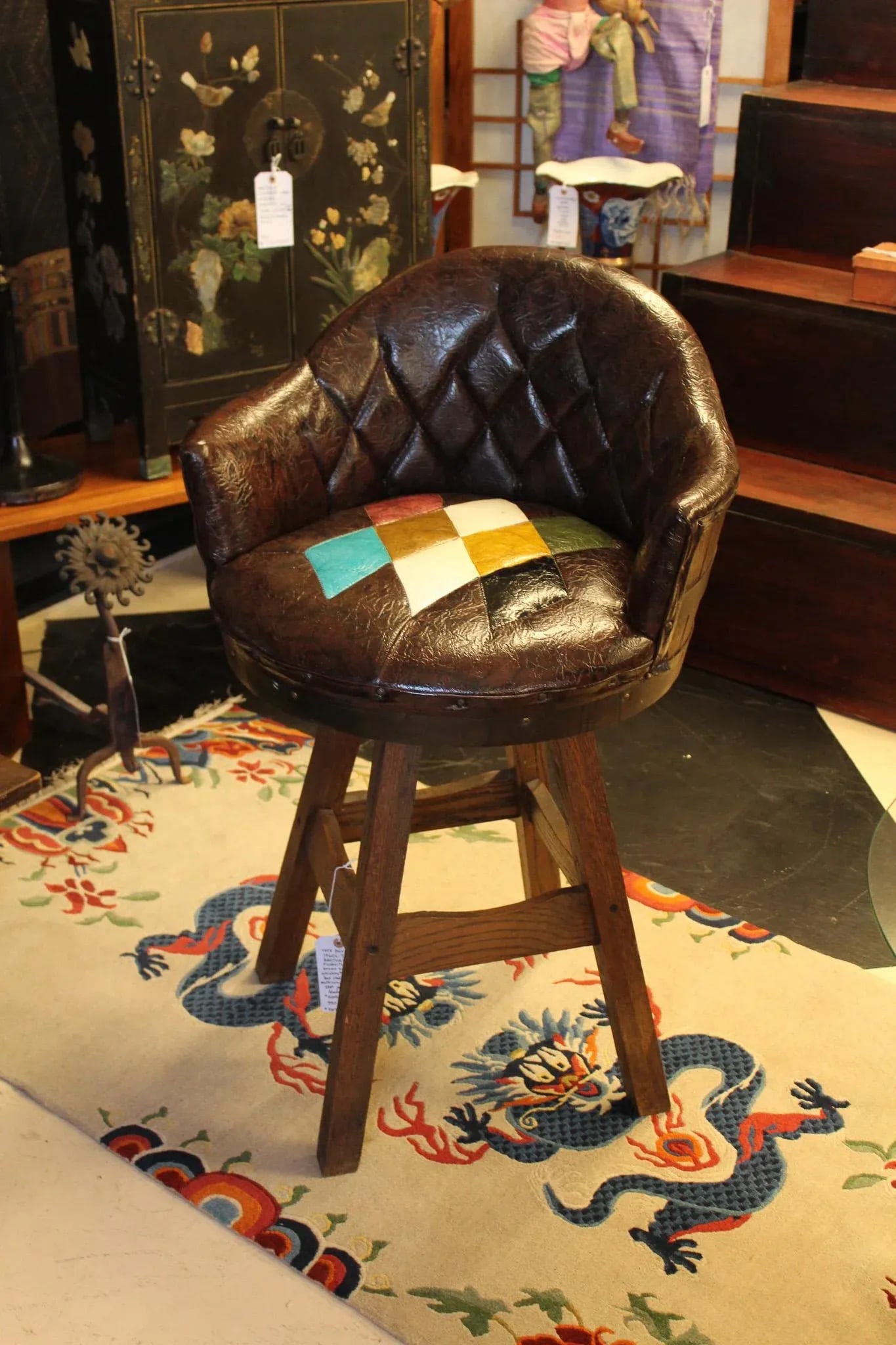 Rare Pair of 1960s-70s Brothers Furniture Brown Swivel Whiskey Barrel Bar Chairs With Multicolor Har - 9