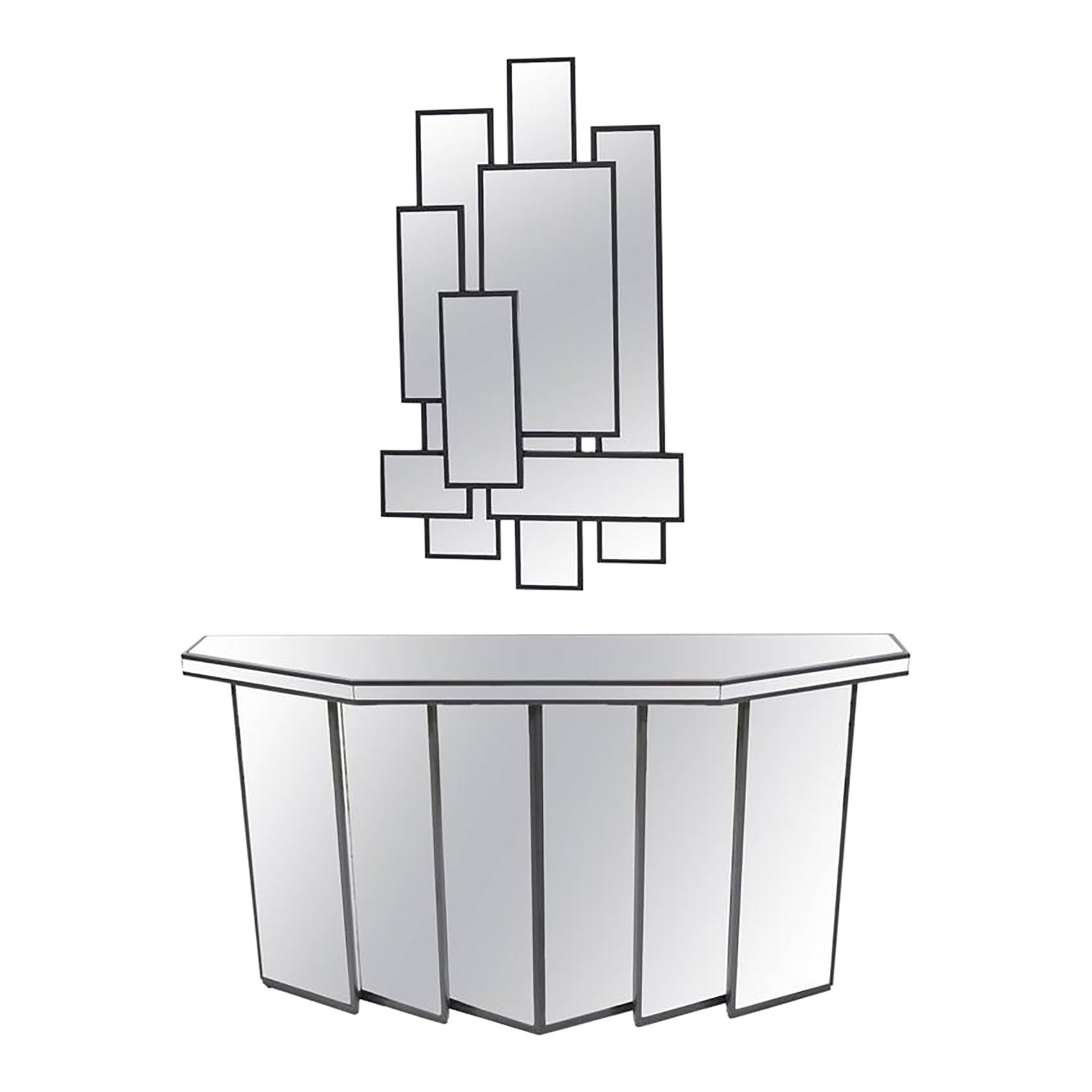 Mid 20th Century Faceted Console With Cubist Mirror: Console and mirror are trimmed in wood that has been lacquered in a dark grey. Color can be changed if desired. Mirror has some age spots but piece is very nice and there are no chips or cracks.