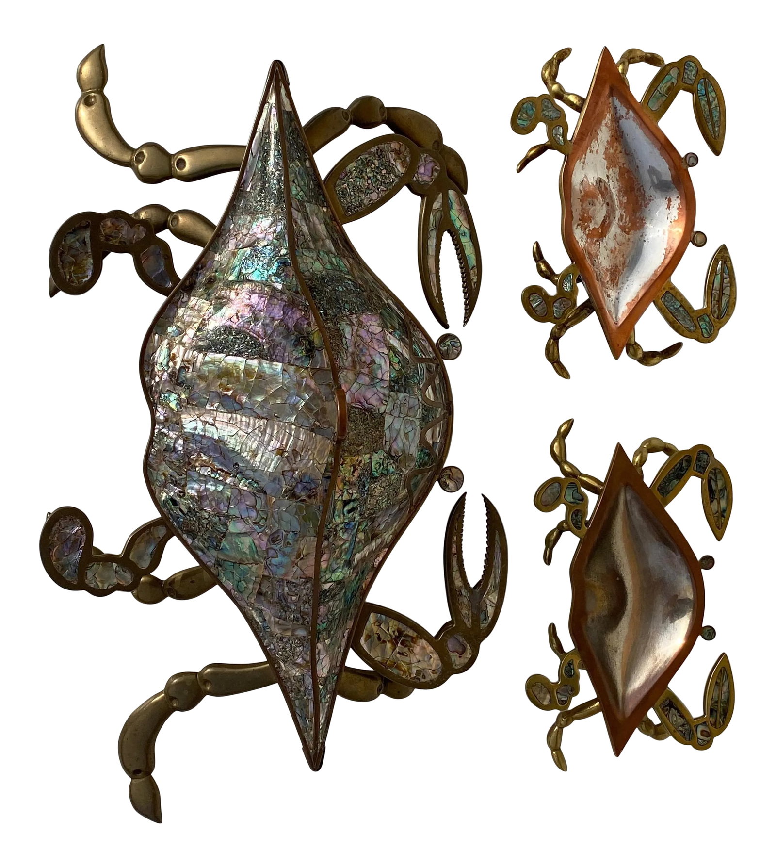 1970s Mexican Brass and Abalone Shell Crab Family Serving Dishes - 3 Pieces: Mexican brass and abalone shell crab family serving dish in the style of Los Castillos.Mamma crab has a abalone shell covered lid and measures 12" deep, 20" wide and 5" high. Babies are 10" wide, 6"