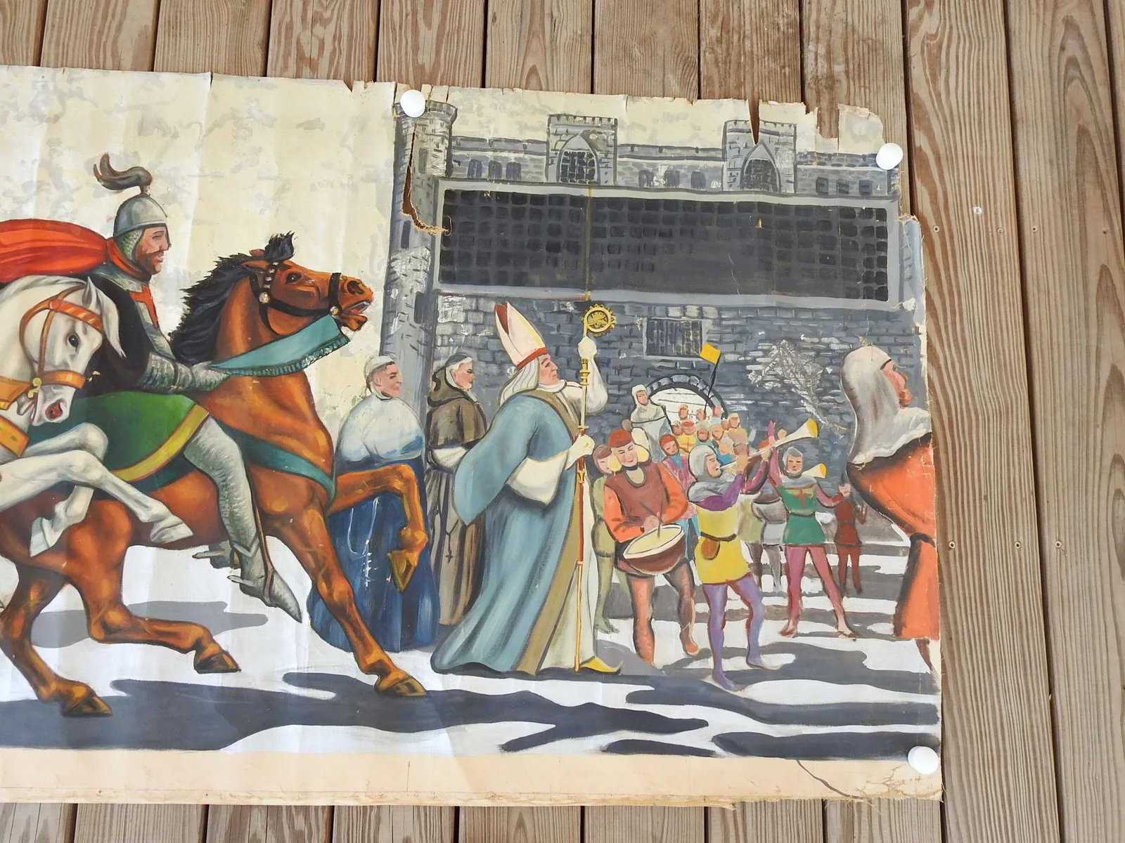 Vintage Mid Century Knights & Horses Procession Mural Painting - 4