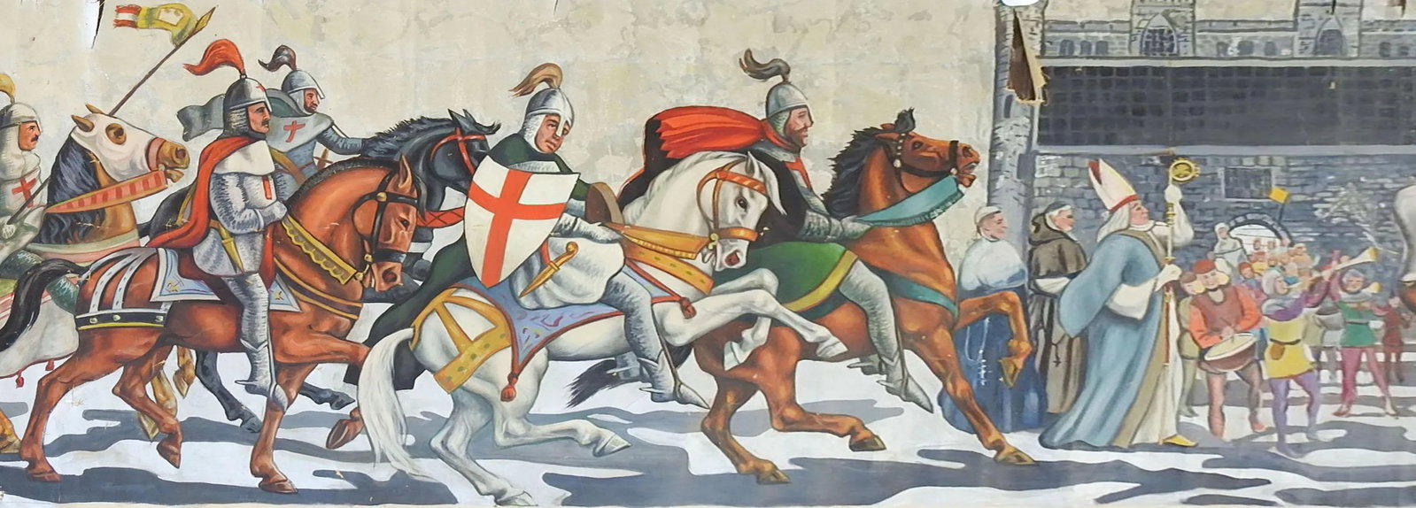 Vintage Mid Century Knights & Horses Procession Mural Painting - 7