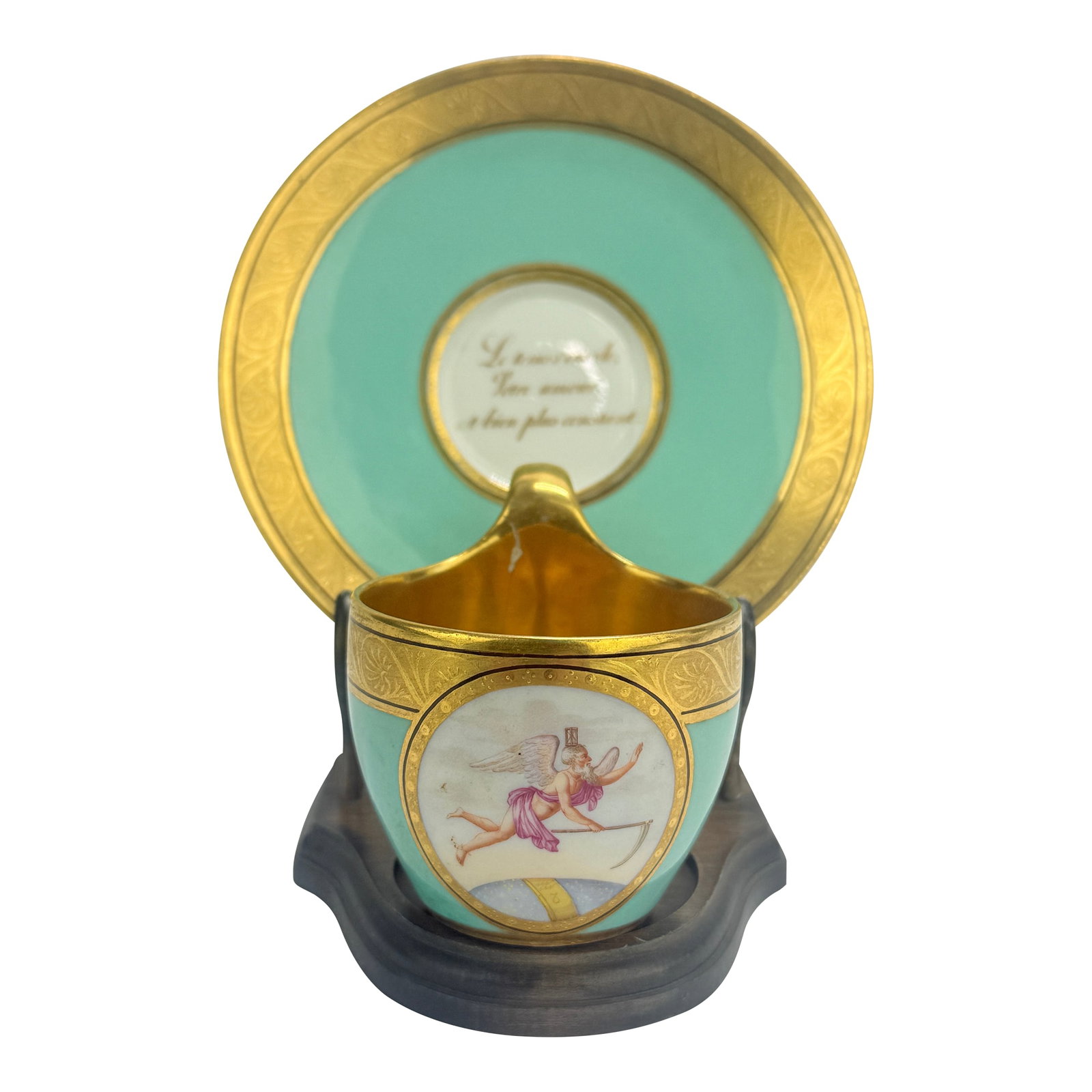 KPM Berlin Turquoise "Love Message" Cup & Saucer With Gilt, C. 1860–80: KPM or Königliche Porzellan-Manufaktur Berlin hard-paste porcelain, the cup of rounded form with loop handle and integrated moustache guard, set against a saturated turquoise ground. A broad frie