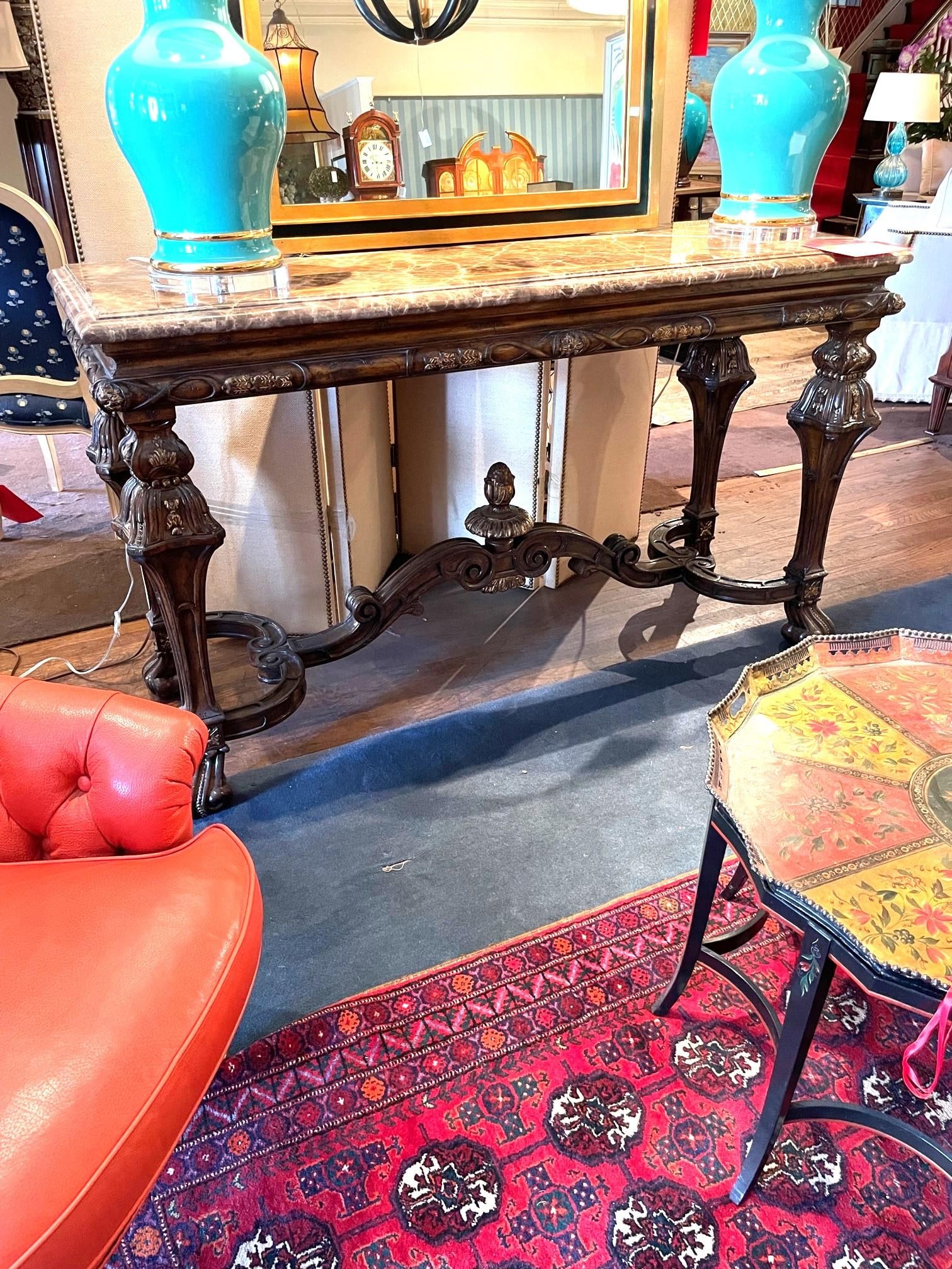 Ornately Carved Mahogany Console Table With Marble Top - 11