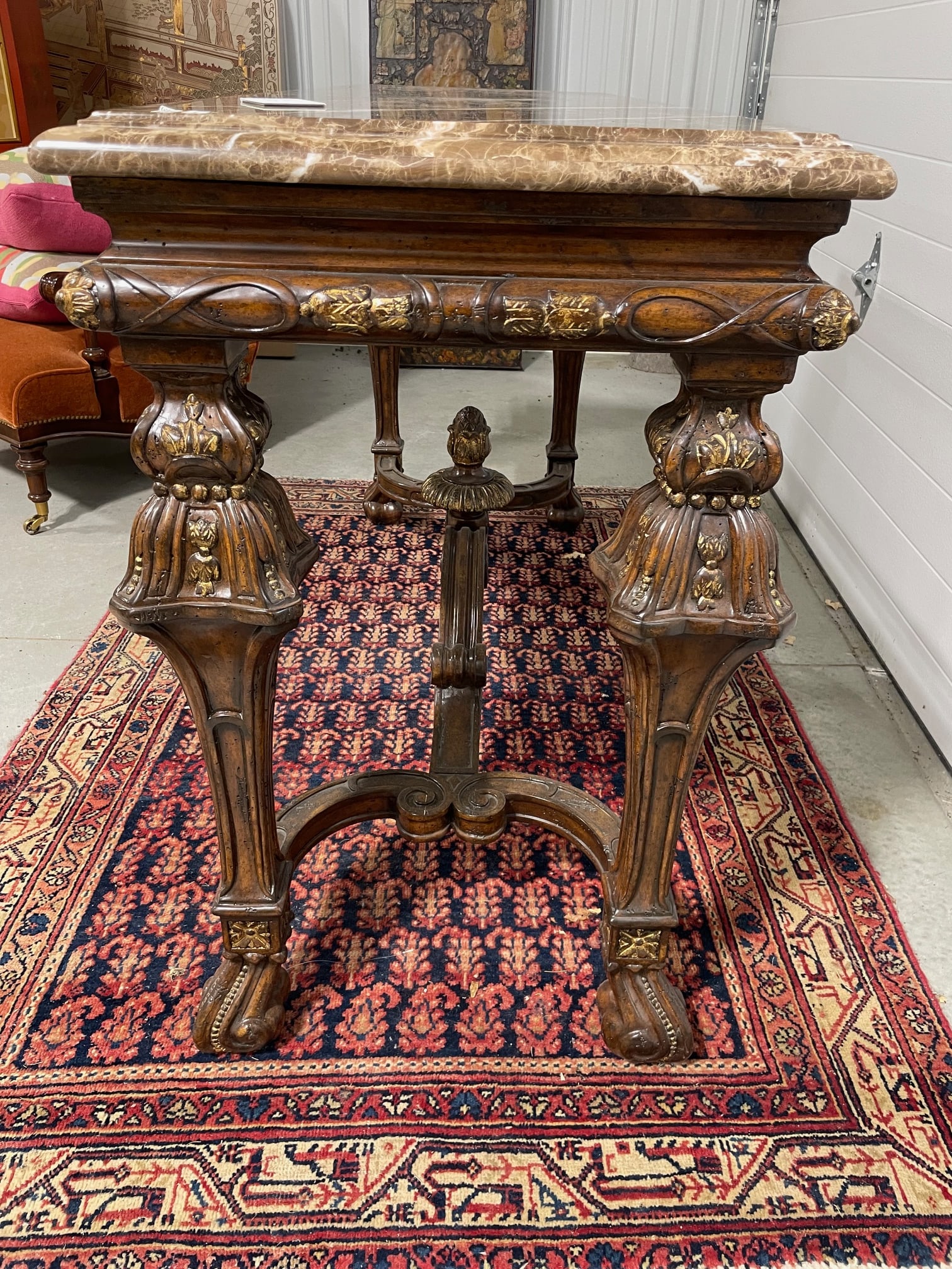 Ornately Carved Mahogany Console Table With Marble Top - 15