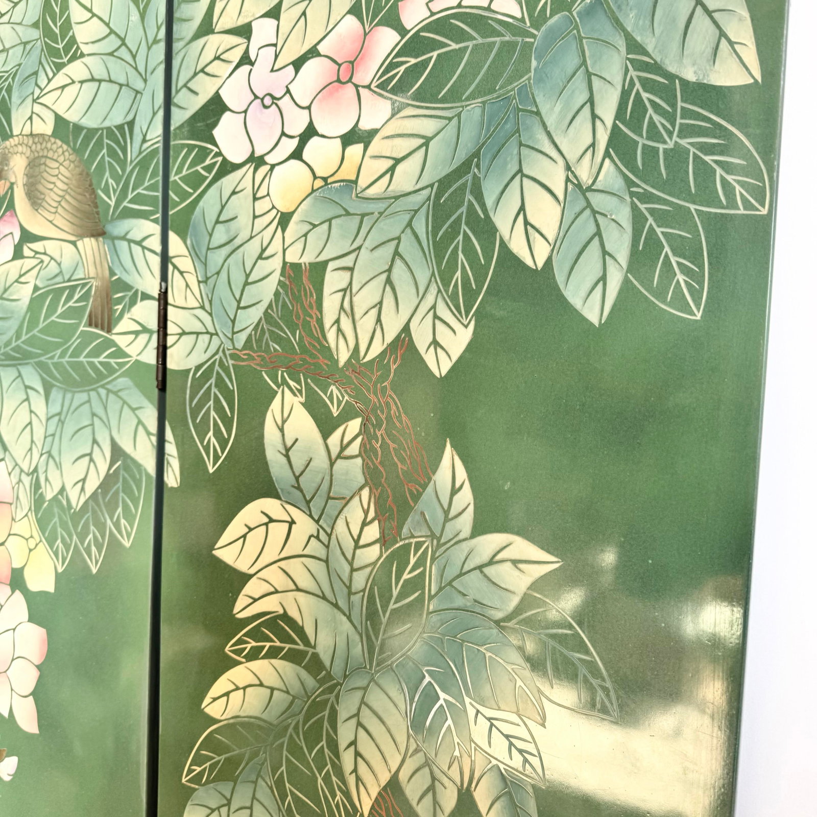 Vintage Chinese Hand Painted and Carved Green Room Divider/Screen - 11