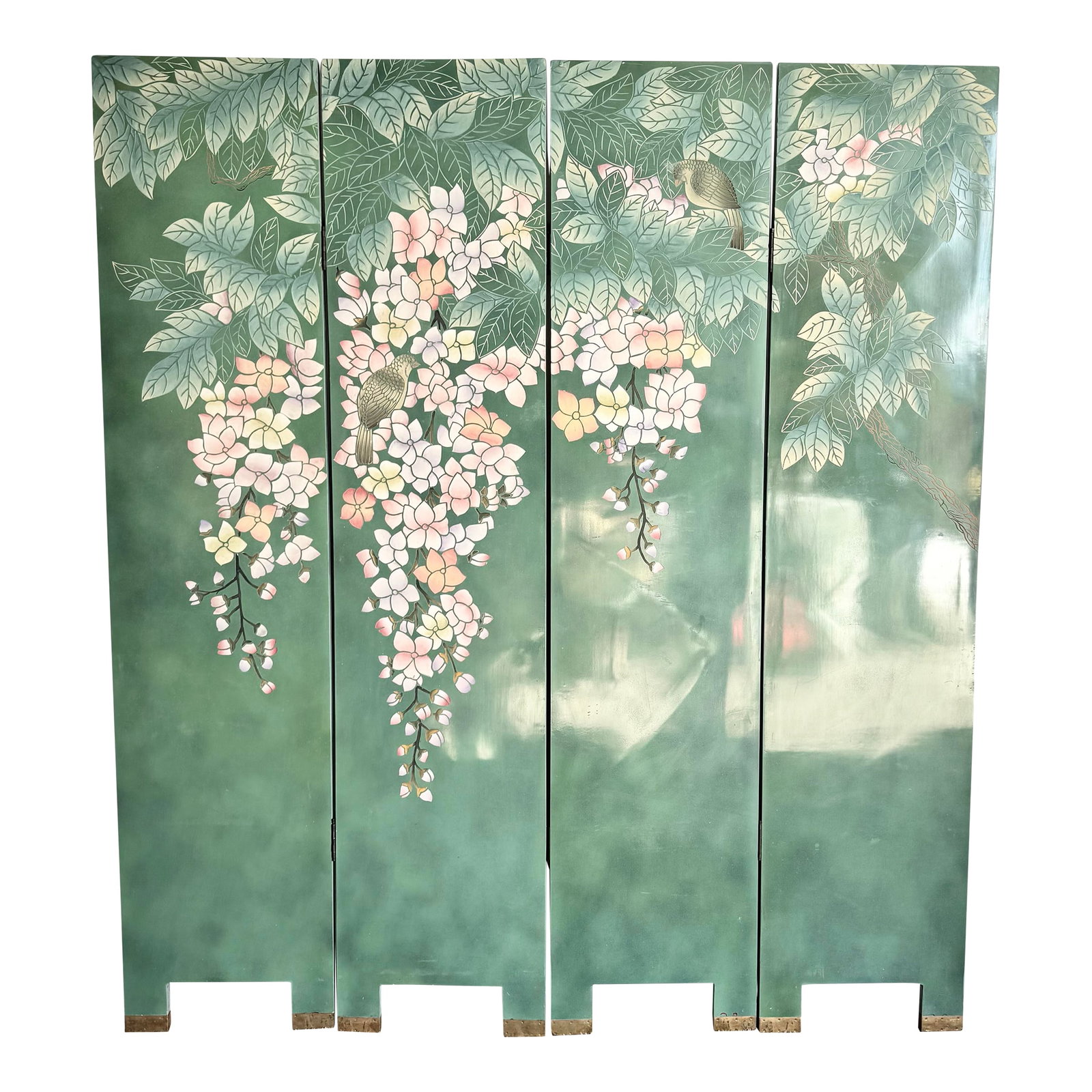 Vintage Chinese Hand Painted and Carved Green Room Divider/Screen: Bring refined Eastern artistry into your home with this vintage Chinese hand-painted room divider. Each of the four panels showcases cascading blossoms, perched birds, and lush foliage rendered in