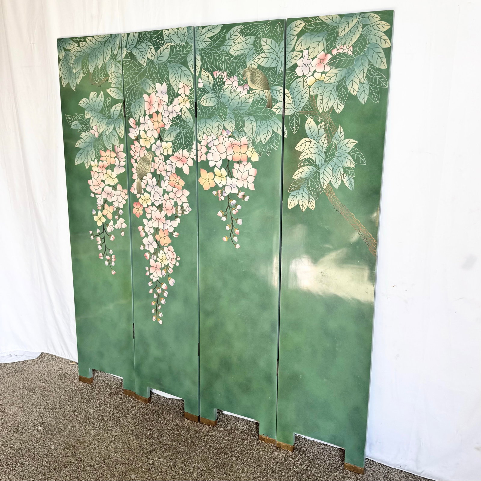 Vintage Chinese Hand Painted and Carved Green Room Divider/Screen - 4
