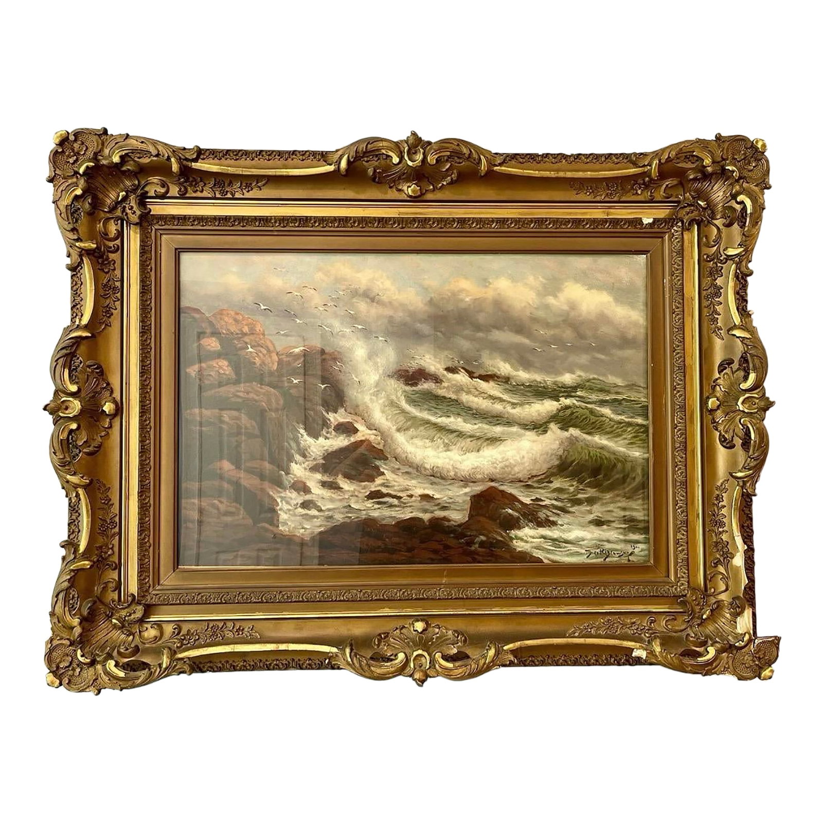 Antique Seascape Oil on Canvas, Gilded Frame, Richard Dey De Ribcowsky 1909: Beautiful art by Richard Dey de Ribcowsky captures the beauty of the sea with incredible detail and precision. The oil on canvas has been kept under glass why its vibrant colors stand out still