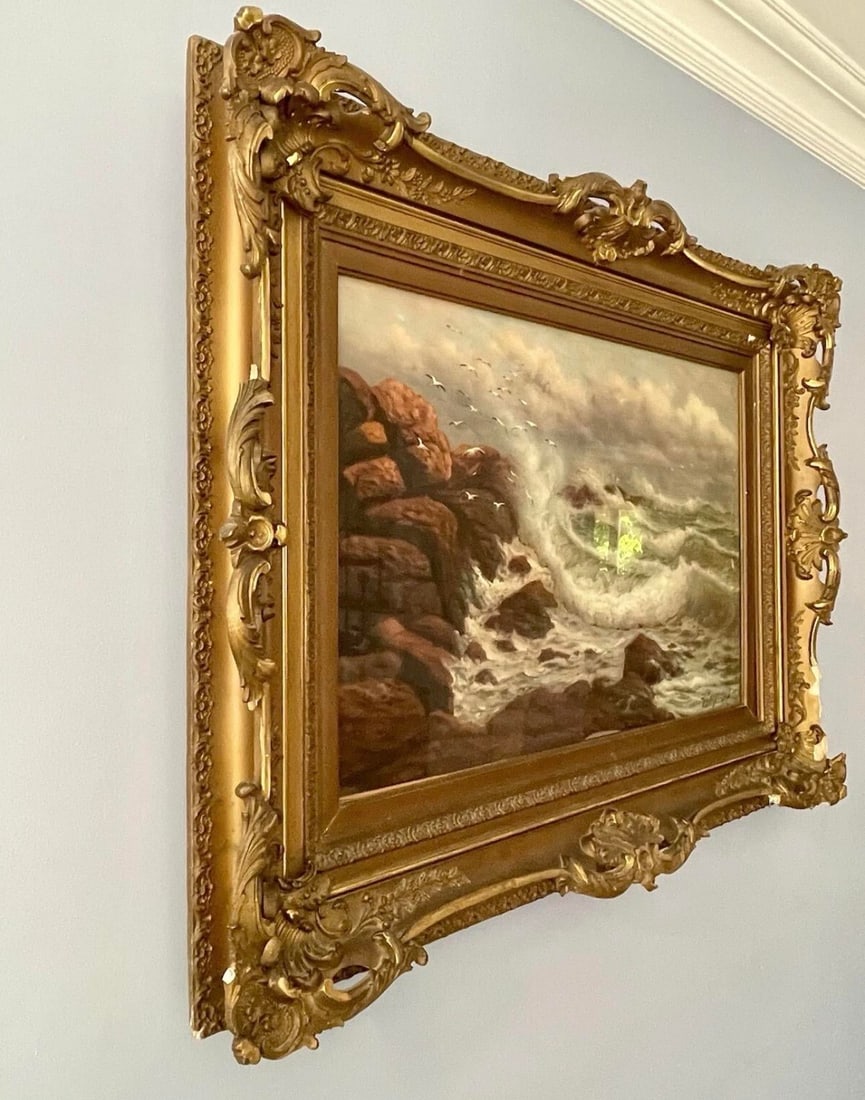 Antique Seascape Oil on Canvas, Gilded Frame, Richard Dey De Ribcowsky 1909 - 7