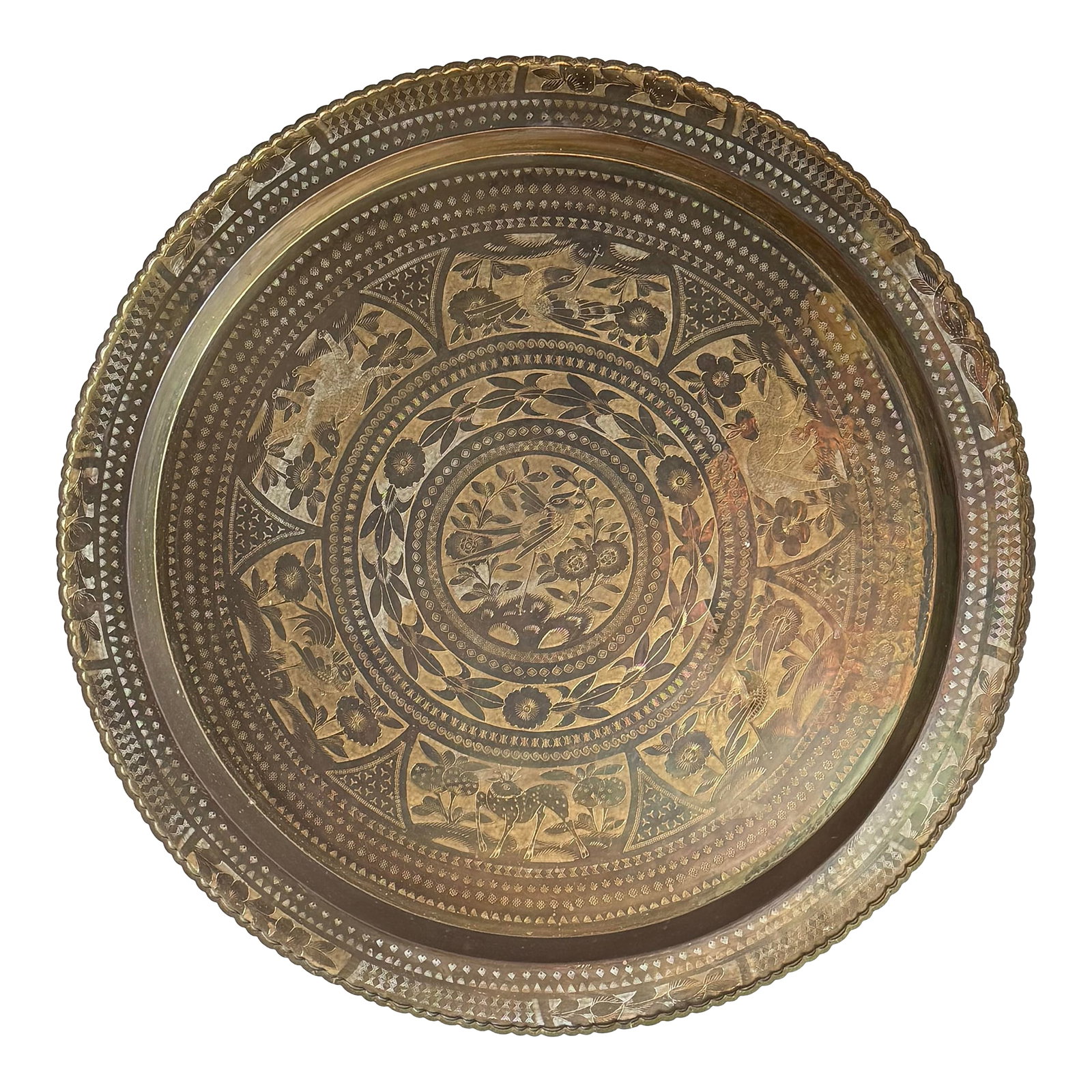 Vintage Oversized 36"³ Hand-Engraved Brass Tray With Bird & Floral Motifs: This impressive 36-inch round hand-engraved brass tray features richly detailed avian and floral imagery, surrounded by dense geometric and botanical border work. The scale alone makes this a