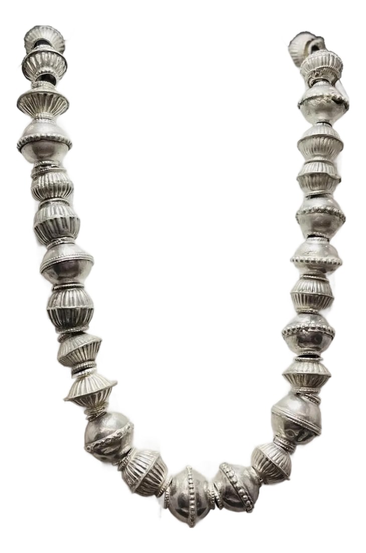 Antique Afghani Silver Balochi Bead Necklace. Antique Afghanistan Jewelry: Antique Afghan Silver Balochi Bead Necklace, Unisex in Design. Can tell the age on these beads for certain, the imperfections help the necklaces beauty shine. Great statement piece. Pictures show you