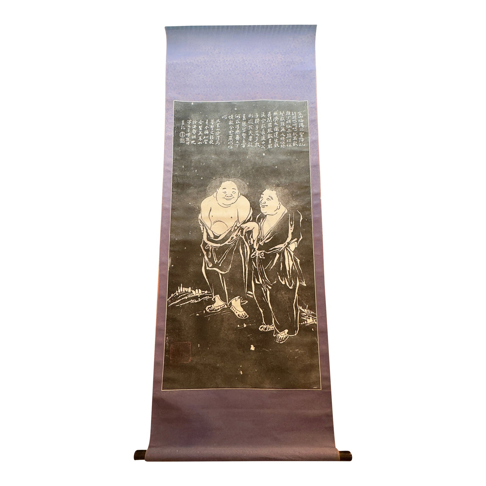 Early 20th Century Chinese Hanging Scroll Stone Rubbing, Anshan & Shide: Beautiful Chinese stone rubbing hanging scroll of Hanshan and Shide, known in Japanese as Kanzan and Jittoku. Silk border depicts the delicate lotus flower in blue and gold. These two monks are