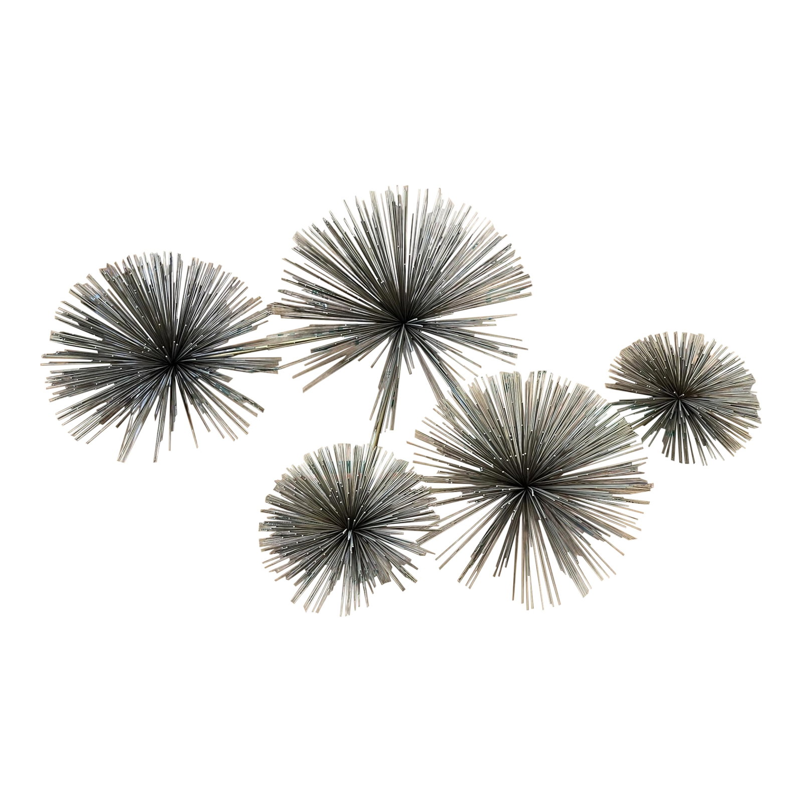 1970s Curtis Jere Brass Sea Urchin / Pom Pom Wall Sculpture: Iconic vintage brass wall sculpture by Curtis Jere, featuring a striking arrangement of hand-welded sea urchin / pom pom forms. Each orb is composed of radiating brass rods, creating a dynamic