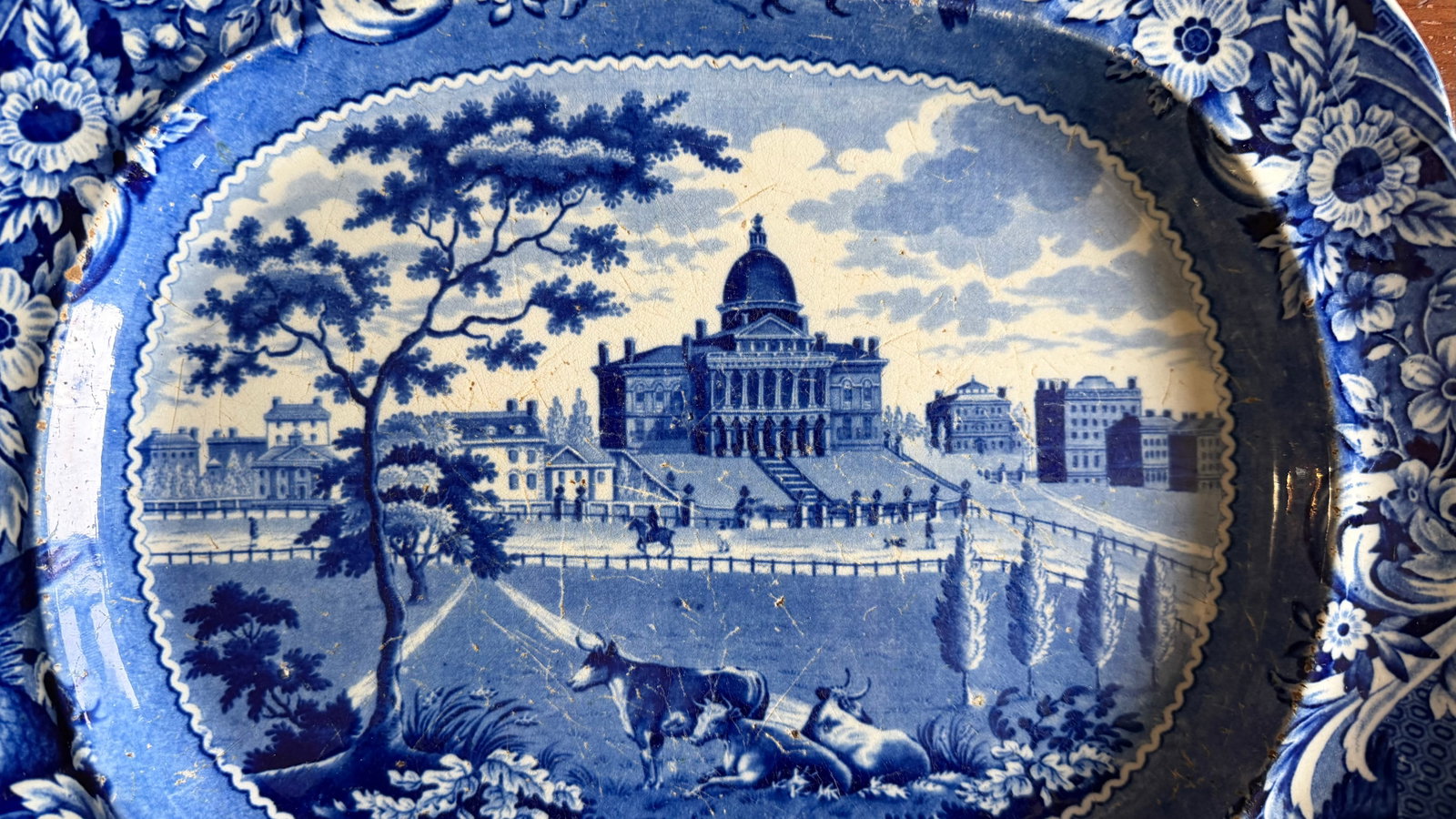 A Very Nice Antique Historical Blue Decorated Staffordshire Platter "State House Boston" by J. Stubb - 13