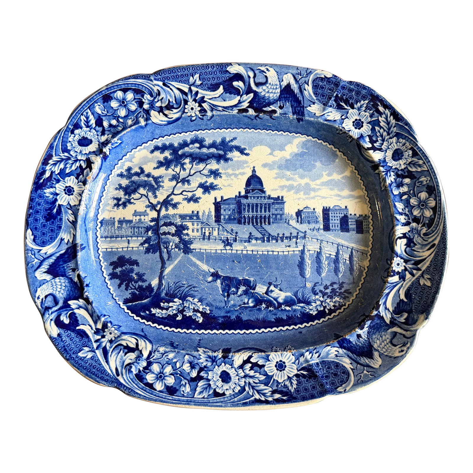 A Very Nice Antique Historical Blue Decorated Staffordshire Platter "State House Boston" by J. Stubb: A Very Nice Antique Historical Blue Decorated Staffordshire Platter "State House Boston" by J. Stubbs, Circa 1820's Made by Joseph Stubbs at the Dale Hall Works, Longport, Burslem, Stoke-on-Trent,