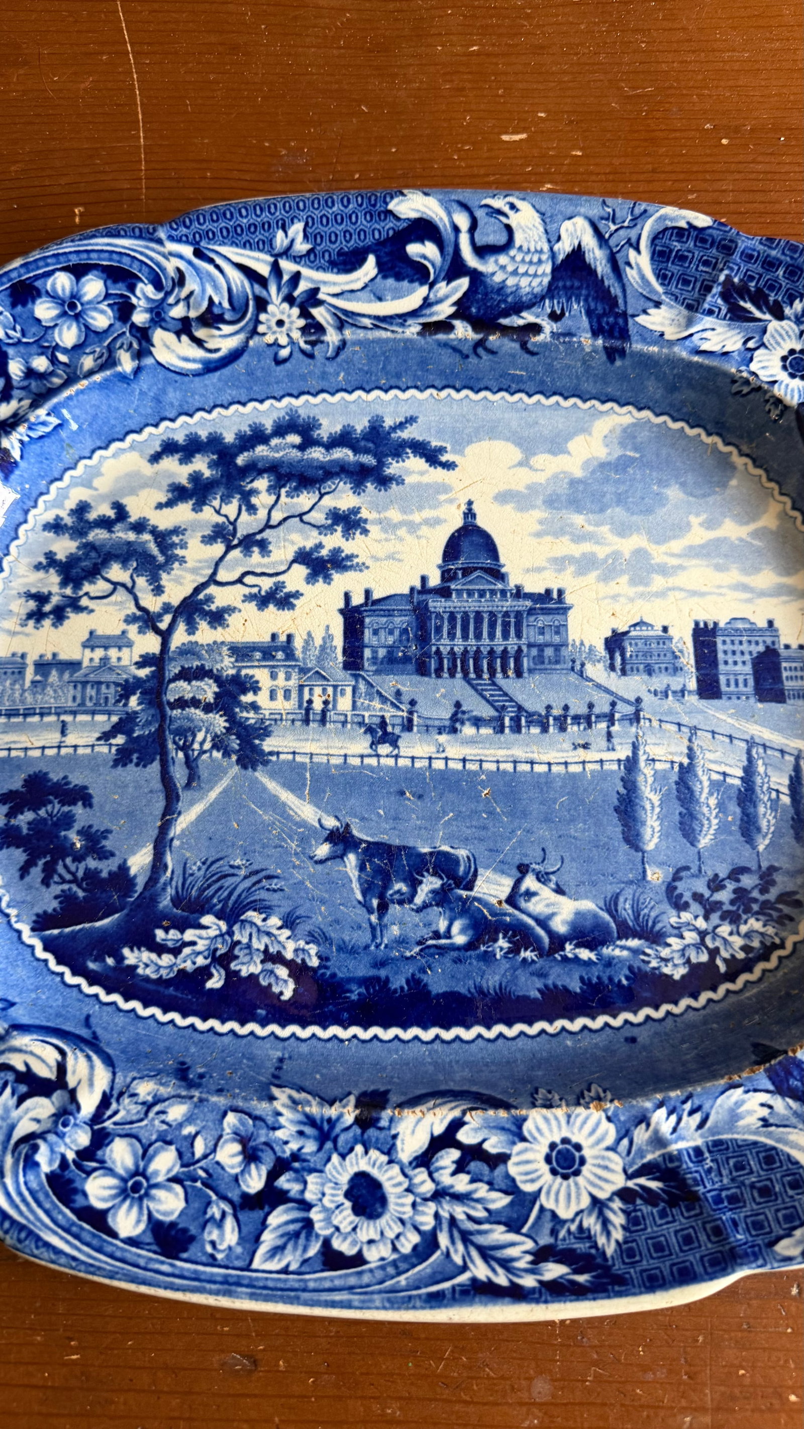 A Very Nice Antique Historical Blue Decorated Staffordshire Platter "State House Boston" by J. Stubb - 2