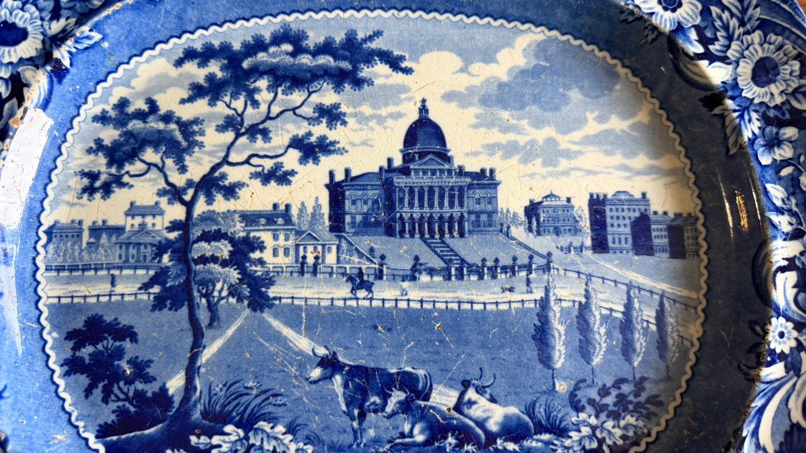 A Very Nice Antique Historical Blue Decorated Staffordshire Platter "State House Boston" by J. Stubb - 3