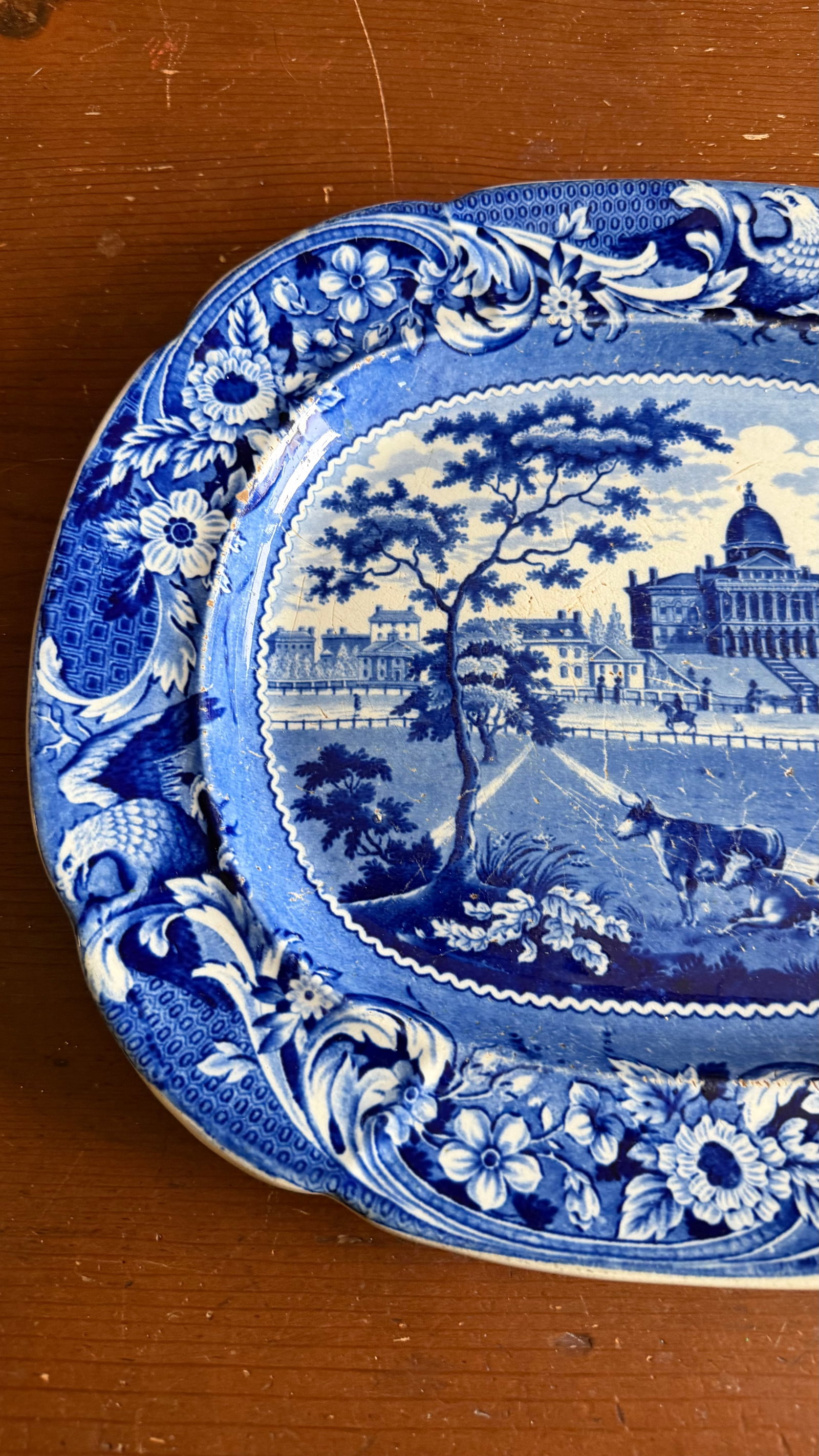 A Very Nice Antique Historical Blue Decorated Staffordshire Platter "State House Boston" by J. Stubb - 6