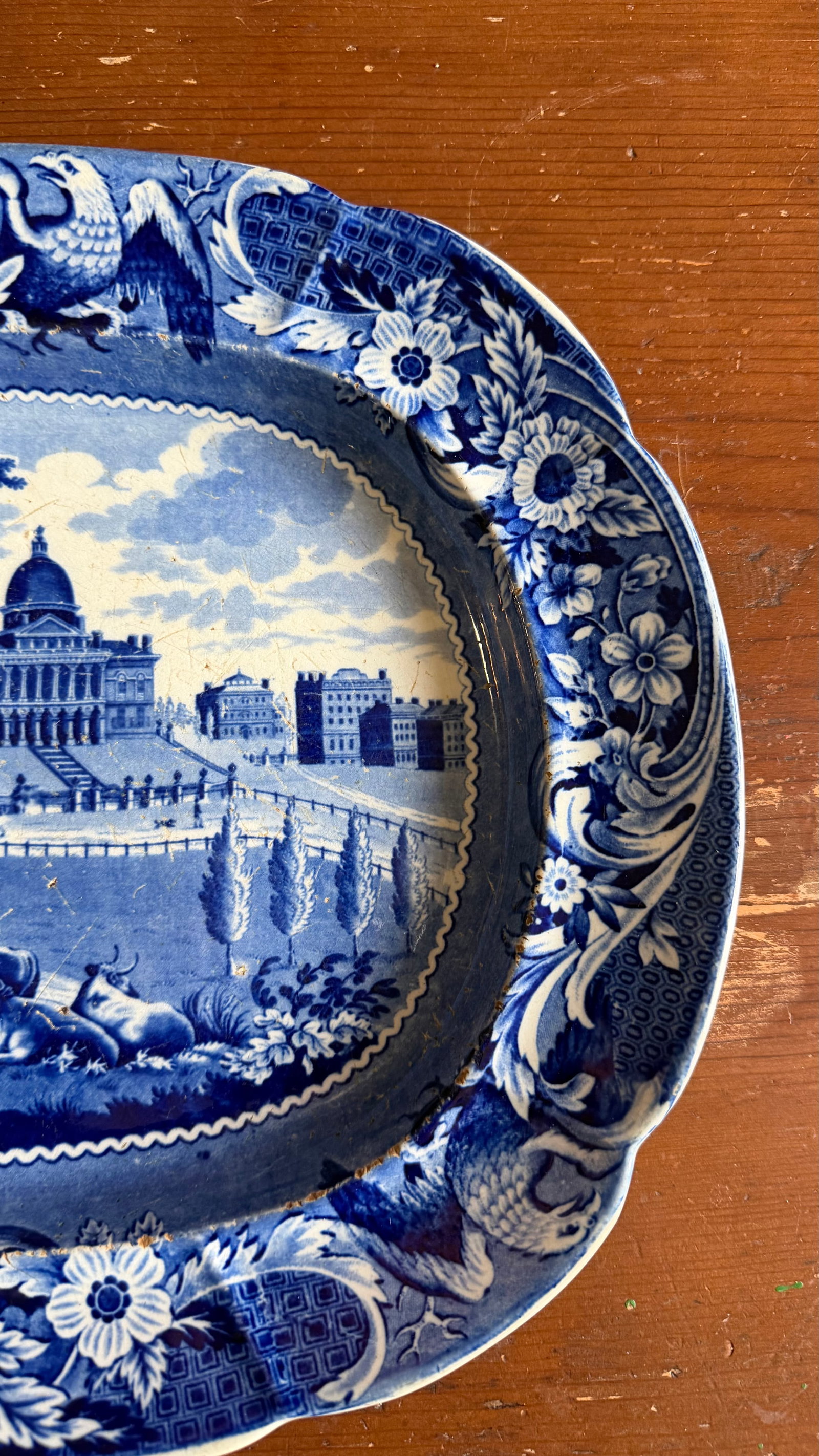 A Very Nice Antique Historical Blue Decorated Staffordshire Platter "State House Boston" by J. Stubb - 7