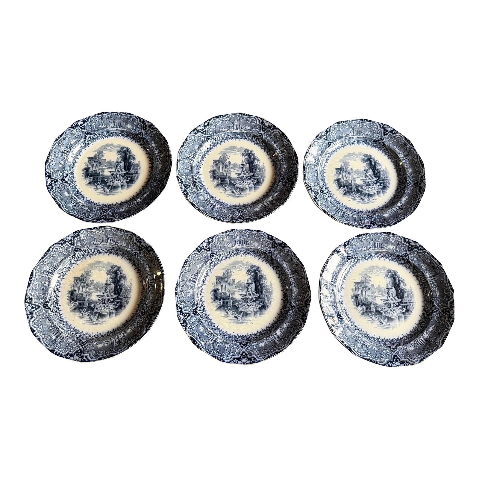 A Super Rare Set of 6 Antique Flow Black Ironstone Plates "Athens" by W. Adams, Circa 1850's (1 of 12)