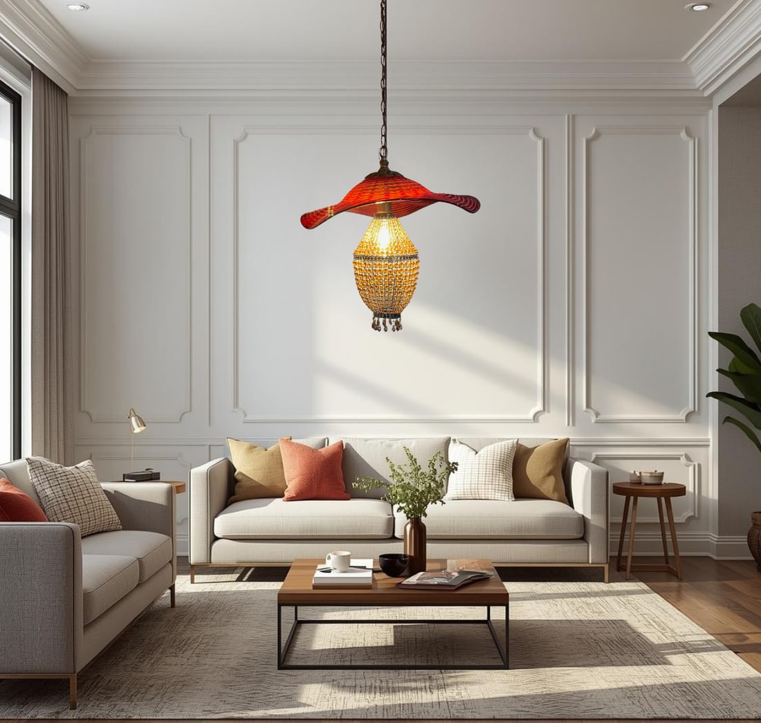 Red Murano Swirl Art Glass Shade and Amber Beads Pendant Lamp - 10
