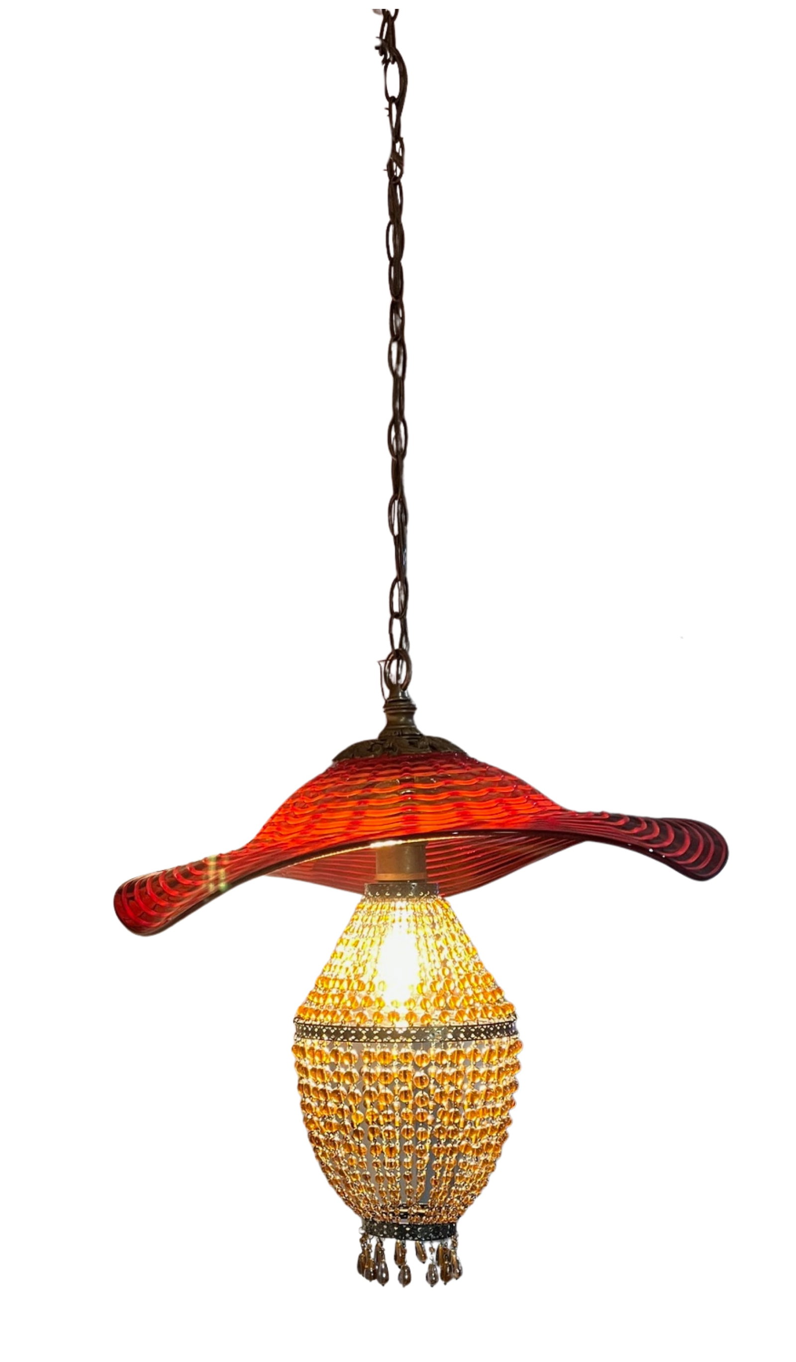 Red Murano Swirl Art Glass Shade and Amber Beads Pendant Lamp - 11