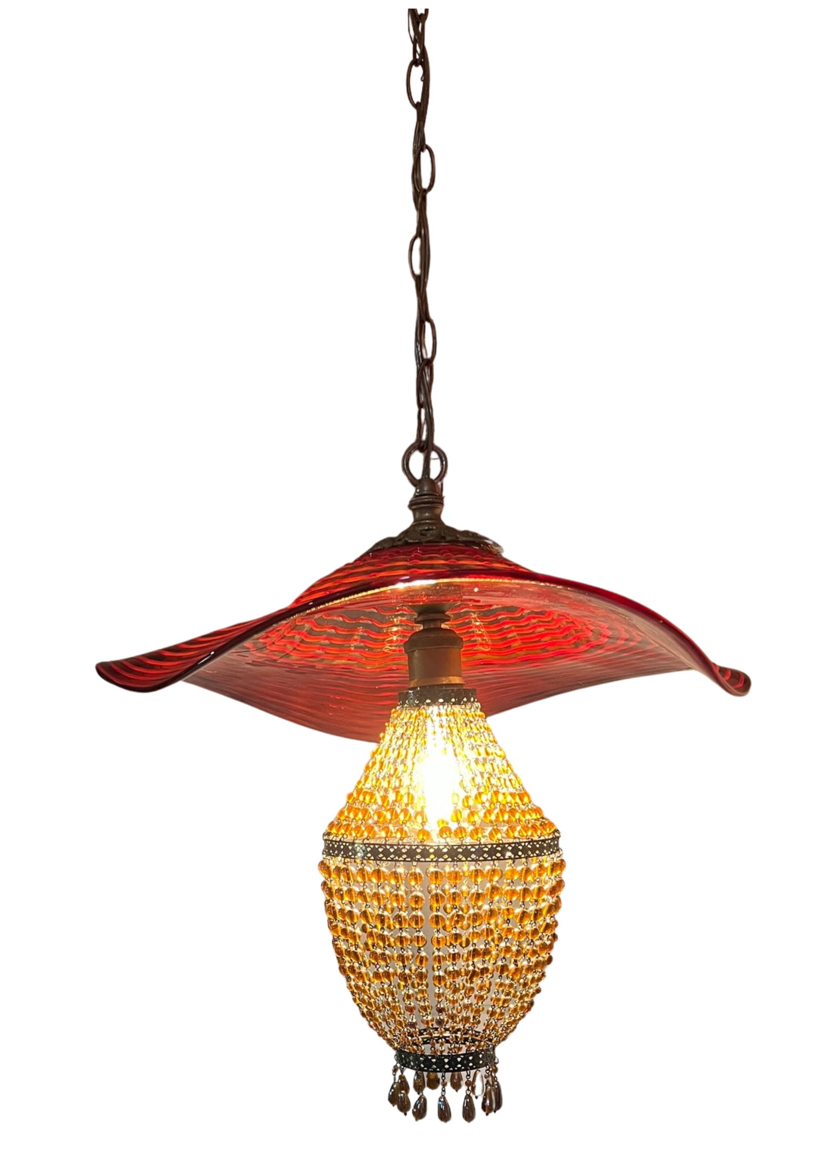 Red Murano Swirl Art Glass Shade and Amber Beads Pendant Lamp - 14