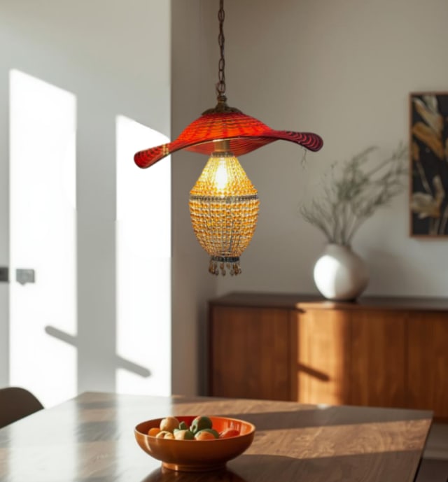 Red Murano Swirl Art Glass Shade and Amber Beads Pendant Lamp - 15