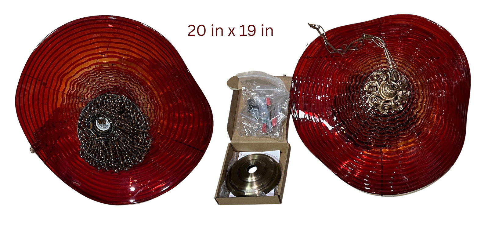 Red Murano Swirl Art Glass Shade and Amber Beads Pendant Lamp - 18
