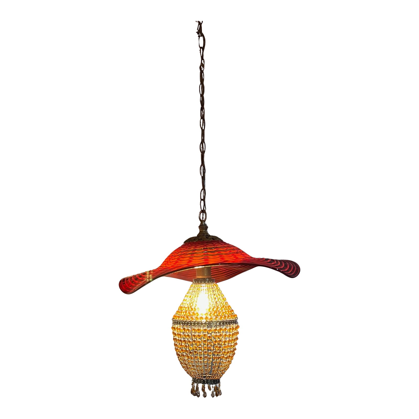 Red Murano Swirl Art Glass Shade and Amber Beads Pendant Lamp: This one-of-a-kind pendant light is a sculptural statement that unites Venetian glass artistry with refined mid-century craftsmanship, measuring approximately 20 inches by 19 inches wide. At the