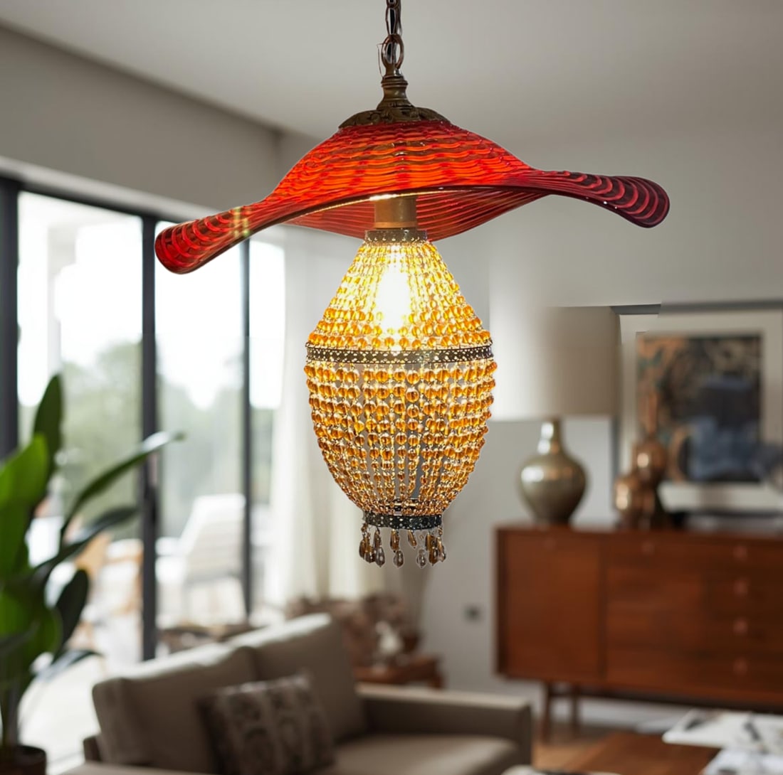 Red Murano Swirl Art Glass Shade and Amber Beads Pendant Lamp - 2