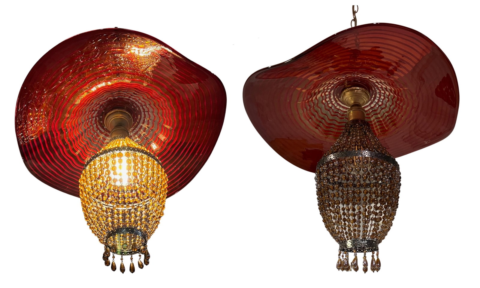 Red Murano Swirl Art Glass Shade and Amber Beads Pendant Lamp - 3