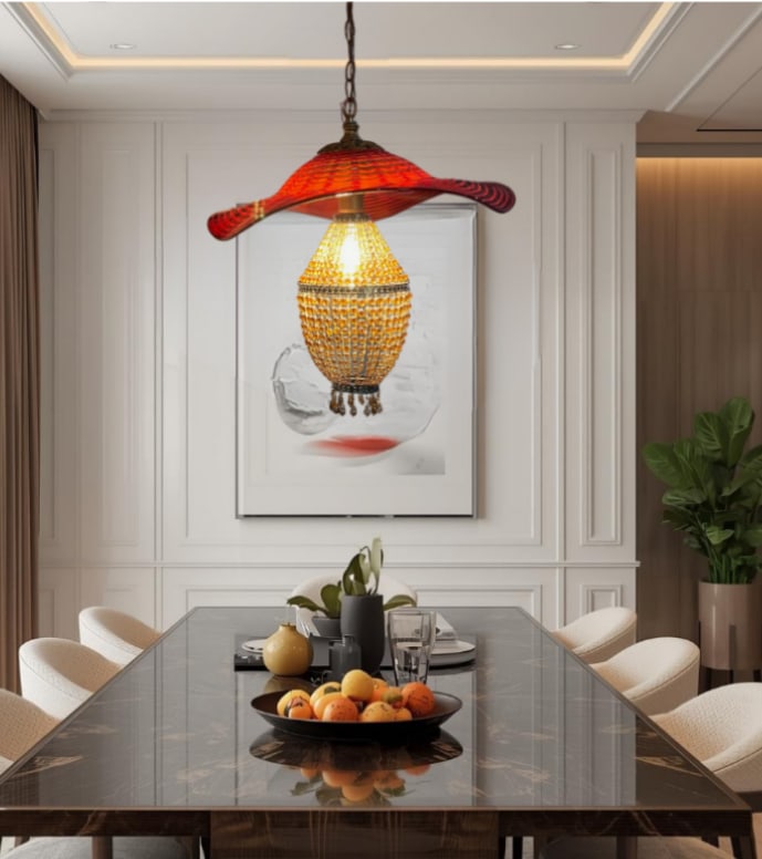 Red Murano Swirl Art Glass Shade and Amber Beads Pendant Lamp - 4