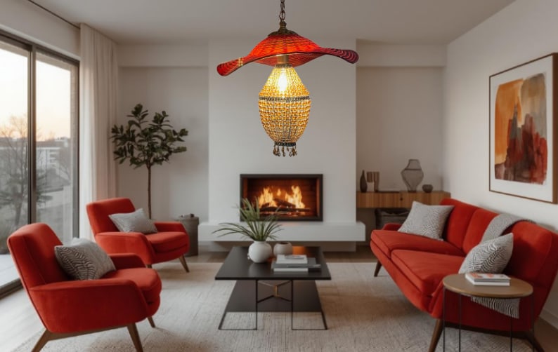 Red Murano Swirl Art Glass Shade and Amber Beads Pendant Lamp - 6