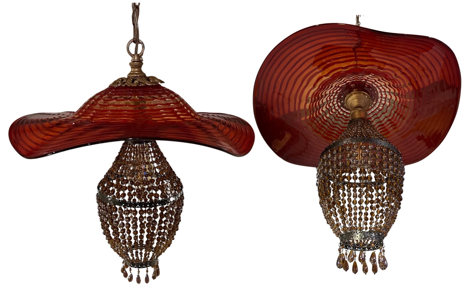 Red Murano Swirl Art Glass Shade and Amber Beads Pendant Lamp - 7