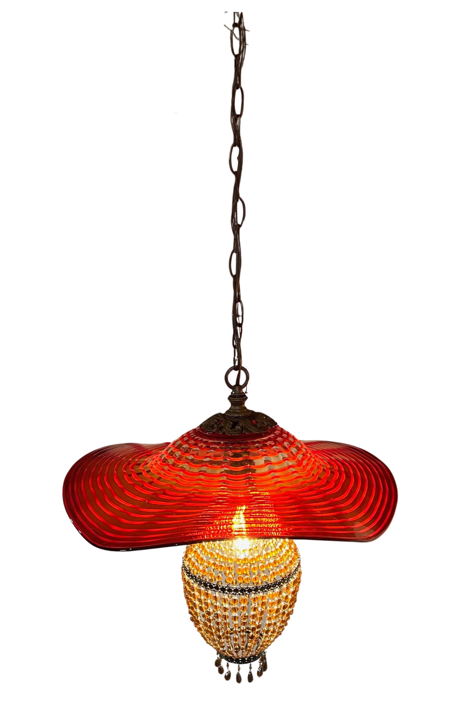 Red Murano Swirl Art Glass Shade and Amber Beads Pendant Lamp - 9